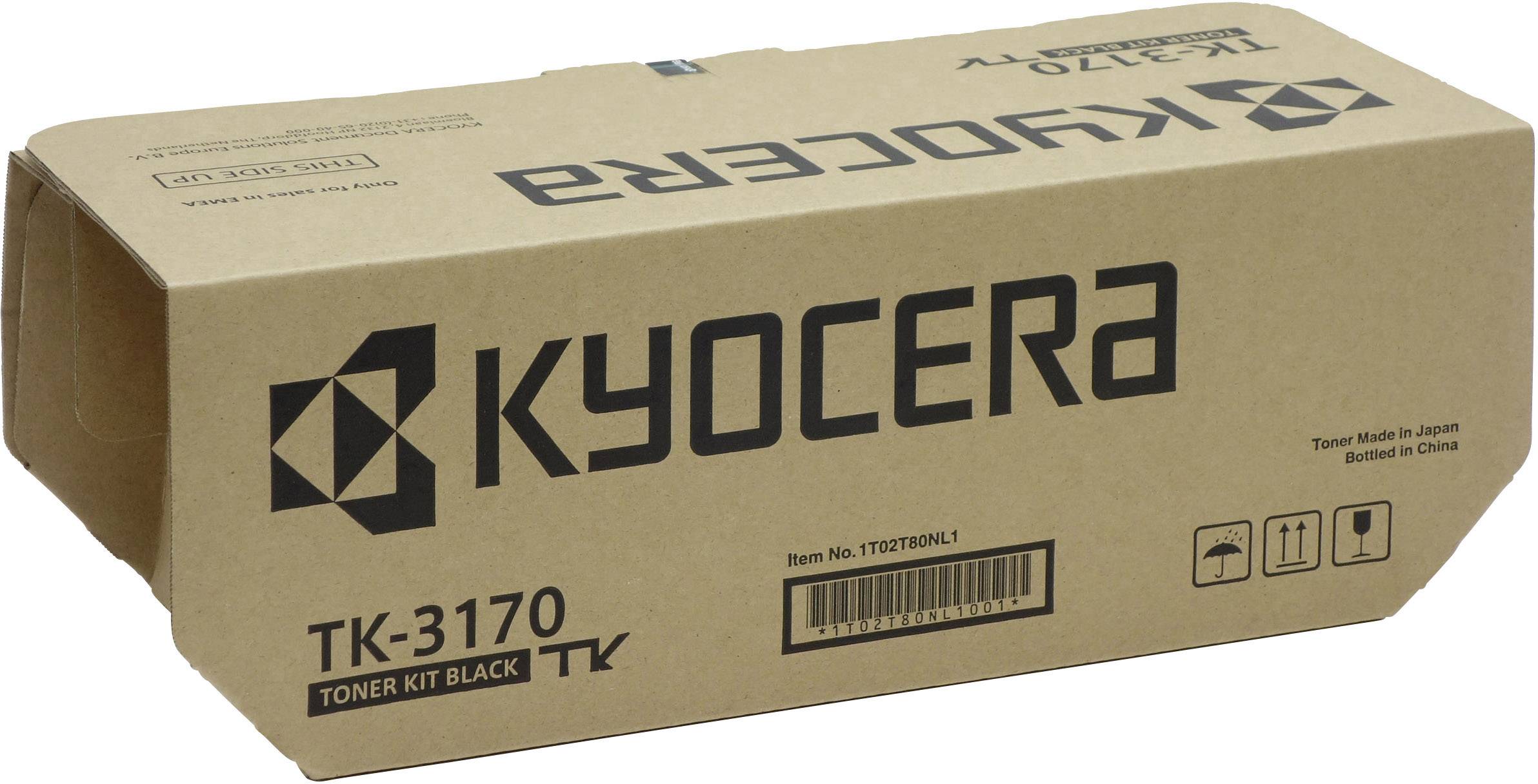 Hnědý obal s nápisem 'KYOCERA TK-3170 Toner Kit Black'. Obsahuje černý toner do tiskárny.