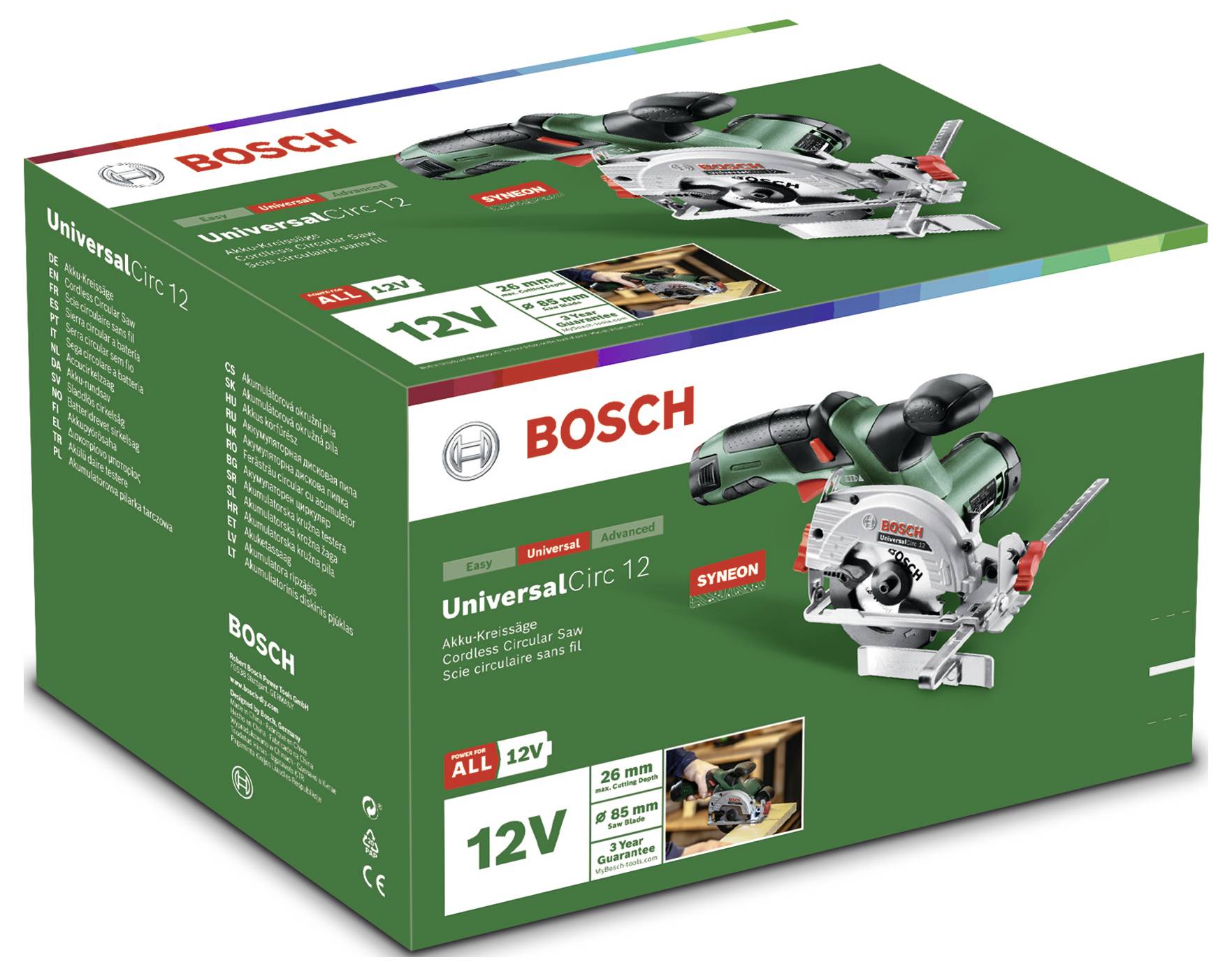 Obal ruční okružní pily Bosch UniversalCirc 12. Zobrazuje obrázek produktu, firemní logo, technické specifikace a upozornění na akumulátor 12V.