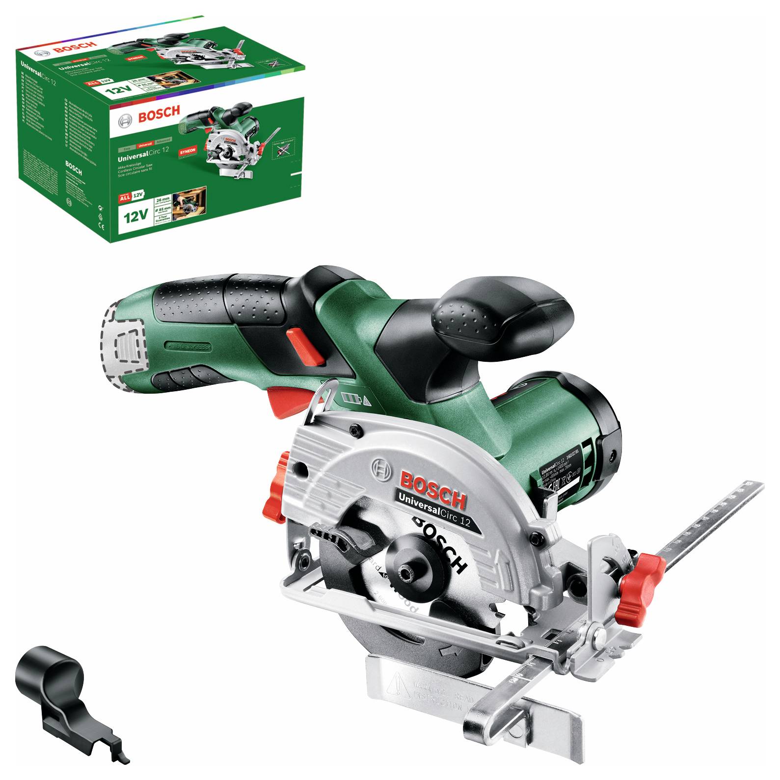 Bosch UniversalCirc 12V akumulátorová okružní pila s akumulátorem a nabíječkou, kompaktní zelená pila s ergonomickou rukojetí, vhodná pro domácí kutilské projekty.