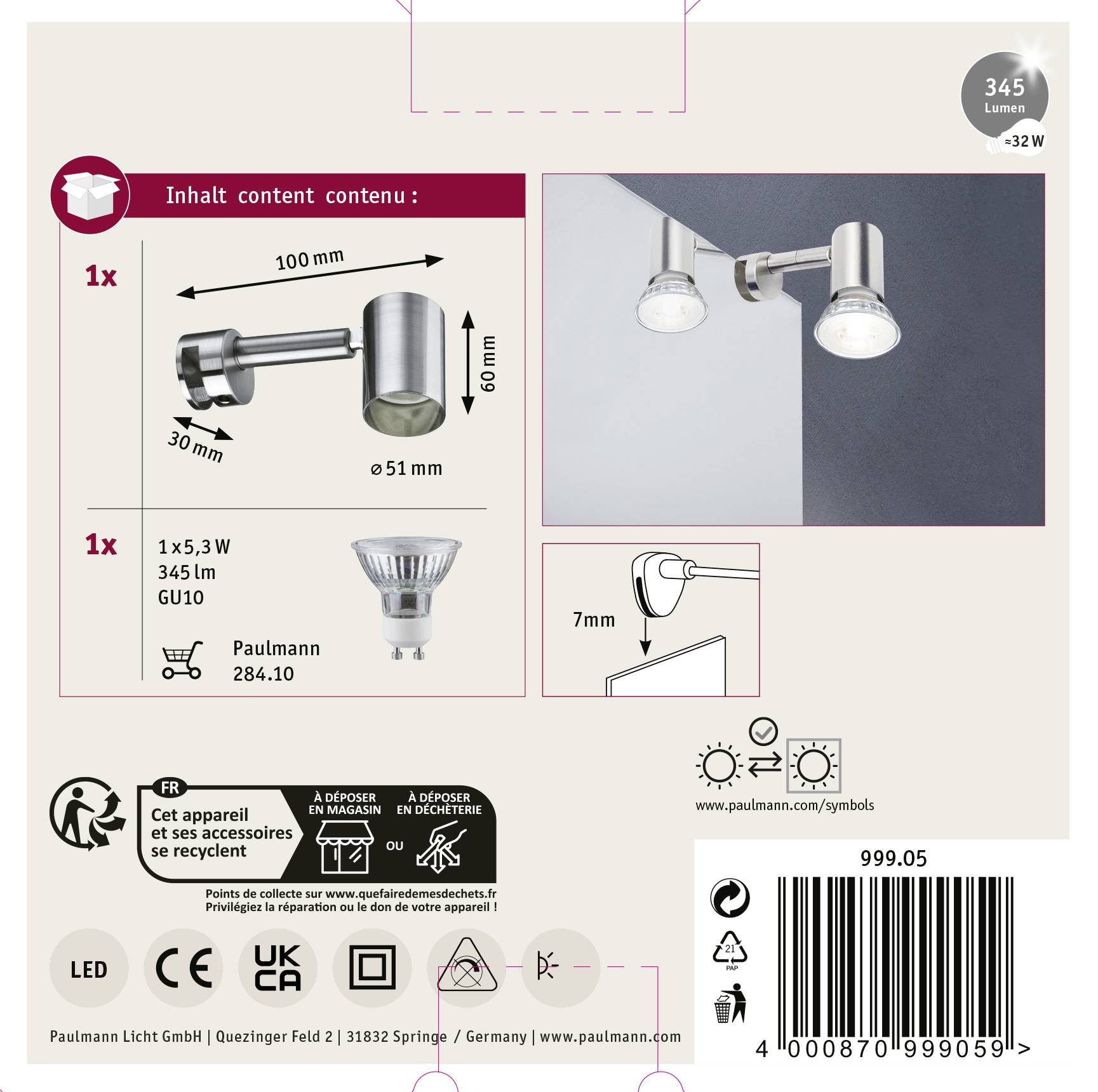 LED nástěnná lampa Paulmann 999.05: Dodávána s LED žárovkou. Teplé bílé světlo, 345 lumenů, 32 W. Součástí balení je montážní diagram.