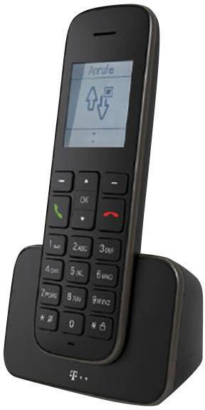 Bezdrátový linkový telefon na nabíjecí stanici, displej zobrazuje 'Hovory', viditelné tlačítka pro příjem a ukončení hovoru, černé tělo přístroje.