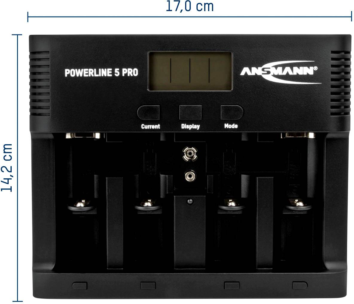 Nabíječka baterií Ansmann Powerline 5 Pro, černá, s LCD displejem a pěti nabíjecími pozicemi, rozměry: 17,0 cm šířka, 14,2 cm výška.