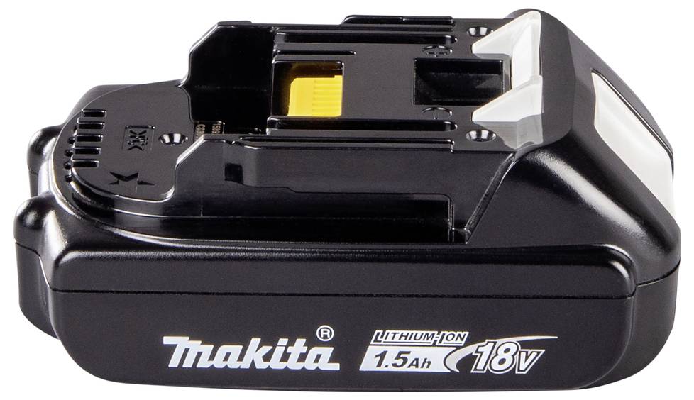 Lithium-iontová baterie Makita 18V 1,5Ah navržená pro bezšňůrové elektrické nářadí. Černý kryt s bílými a žlutými detaily.