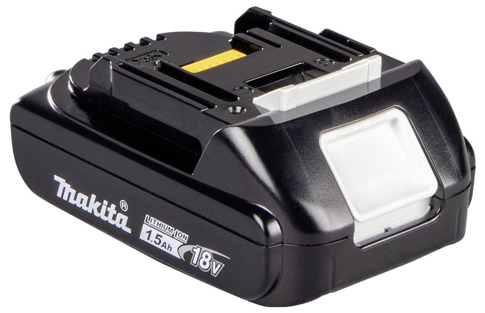 Černý lithium-iontový akumulátorový pack Makita 18V 1,5Ah, určený pro napájení elektrického nářadí, s posuvným designem pro bezpečné připojení.
