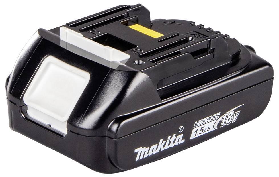 Černý Makita 18V lithium-iontový akumulátor 1,5Ah s konektorovými sloty pro napájení elektrického nářadí.