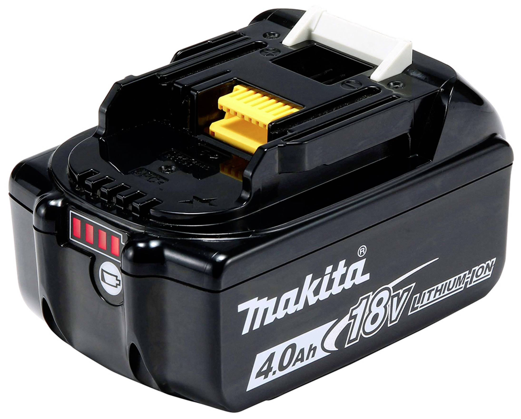 Černý 18V lithium-iontový akumulátor se žlutým konektorem a červeným indikátorem stavu nabití, označený jako "Makita 4.0Ah".