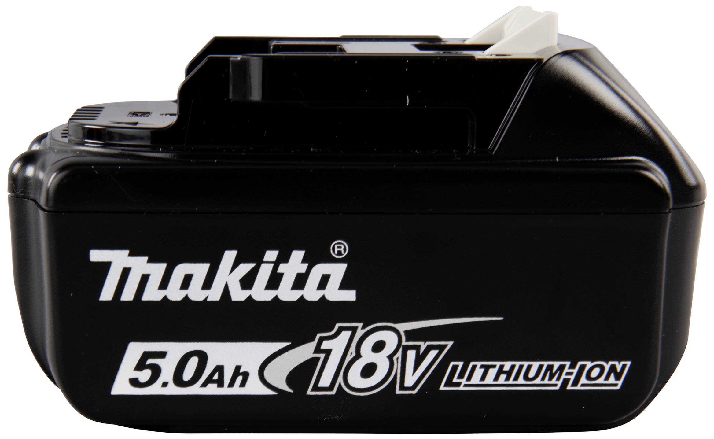 Černý akumulátor s nápisem: Makita 5,0 Ah 18V lithium-iontový