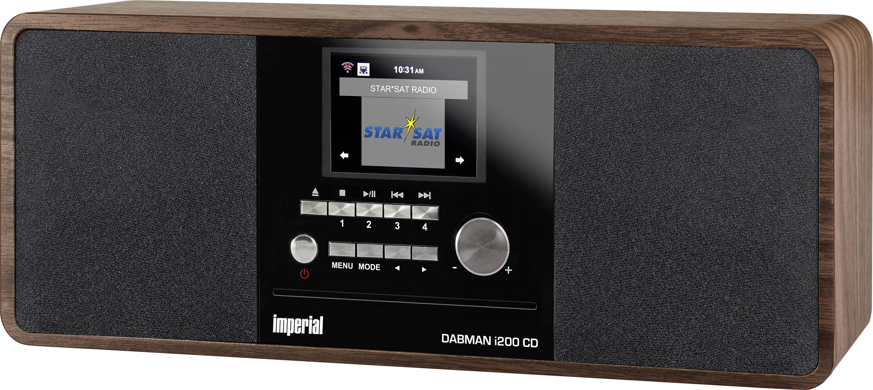Dřevěné rádio s displejem. Aktuálně hraje 'Star Sat Radio'. Ovládací prvky a reproduktory jsou zřetelně viditelné.