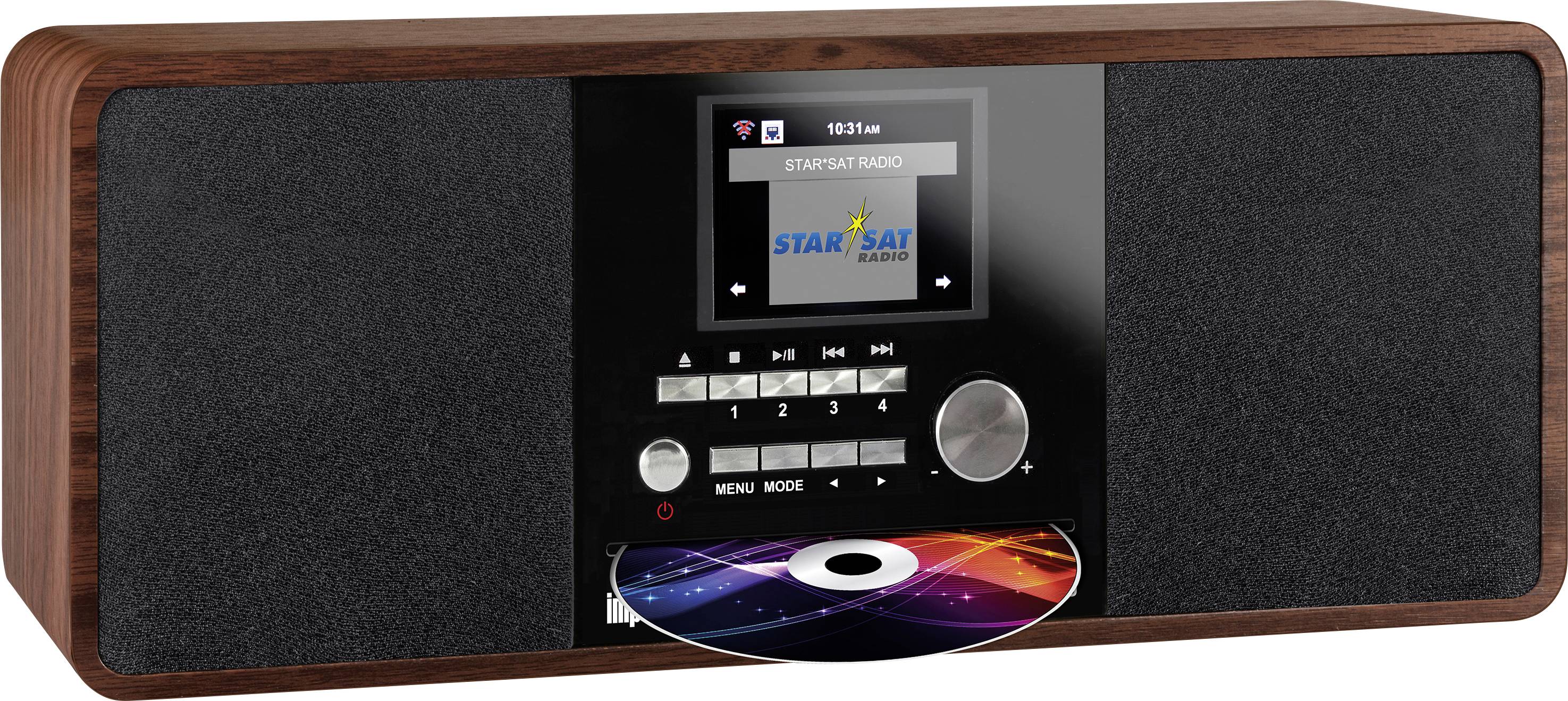 Retro rádio s dřevěným designem a integrovaným CD přehrávačem, které zobrazuje 'Star Sat Radio' na displeji, s několika ovládacími prvky vpředu.
