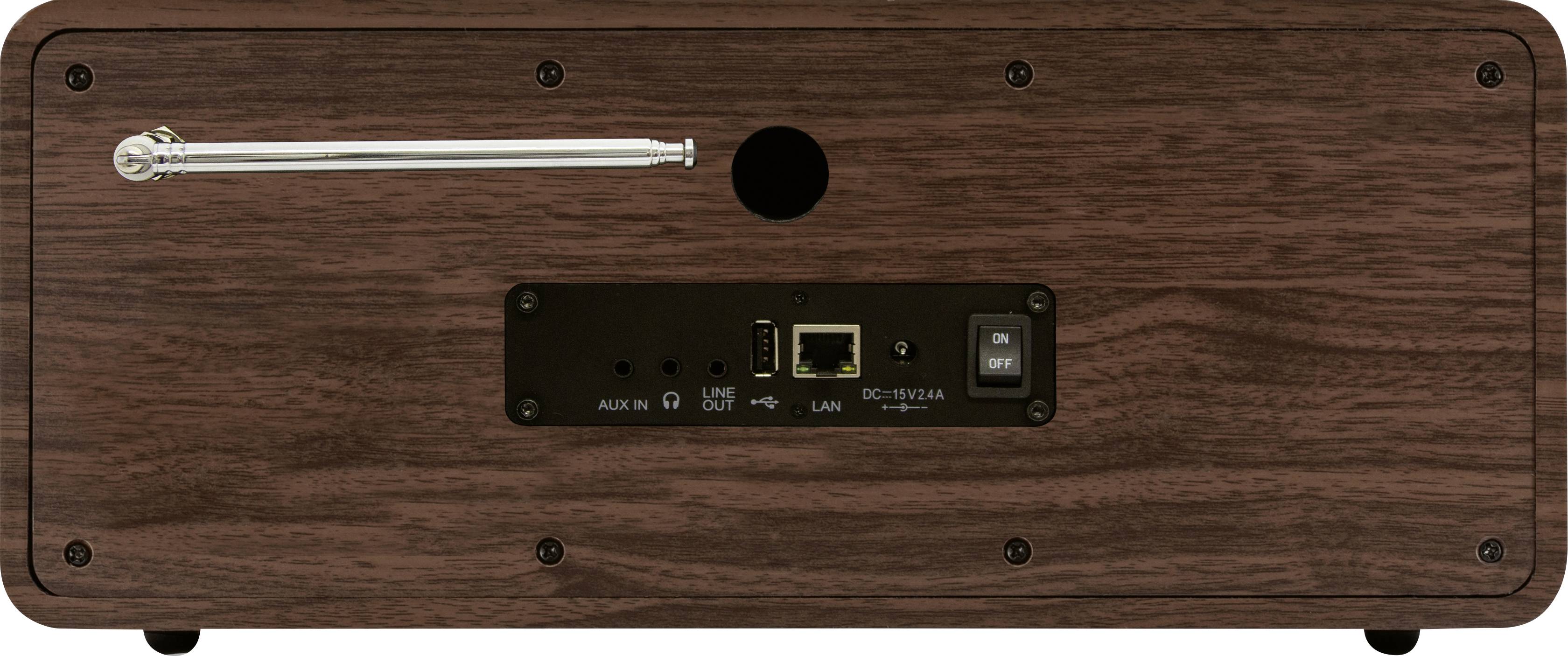 Zadní strana dřevěného reproduktoru s teleskopickou anténou, vstupy pro AUX, USB, LAN, DC 12V a síťovým vypínačem.
