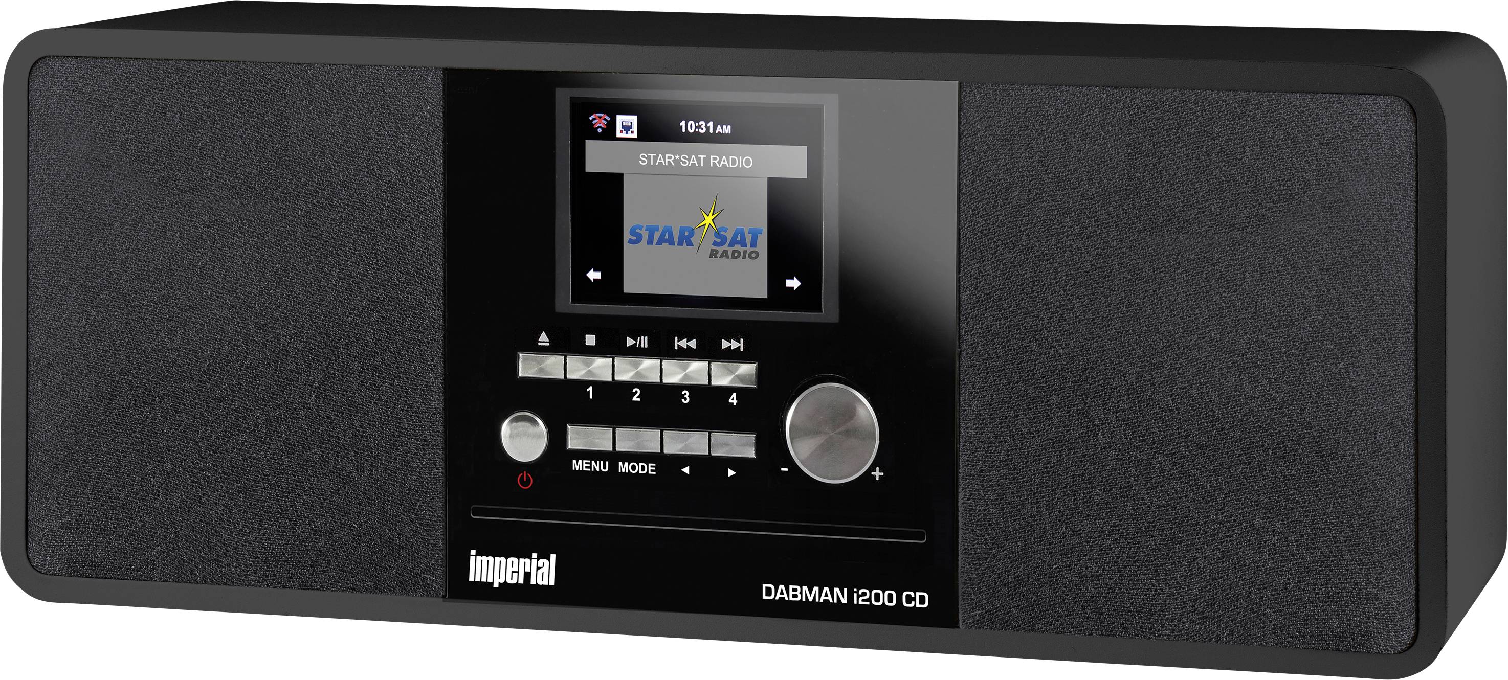 Černé rádio DAB+ s velkou reproduktorovou jednotkou a digitálním displejem zobrazujícím stanici 'StarSat Radio'.