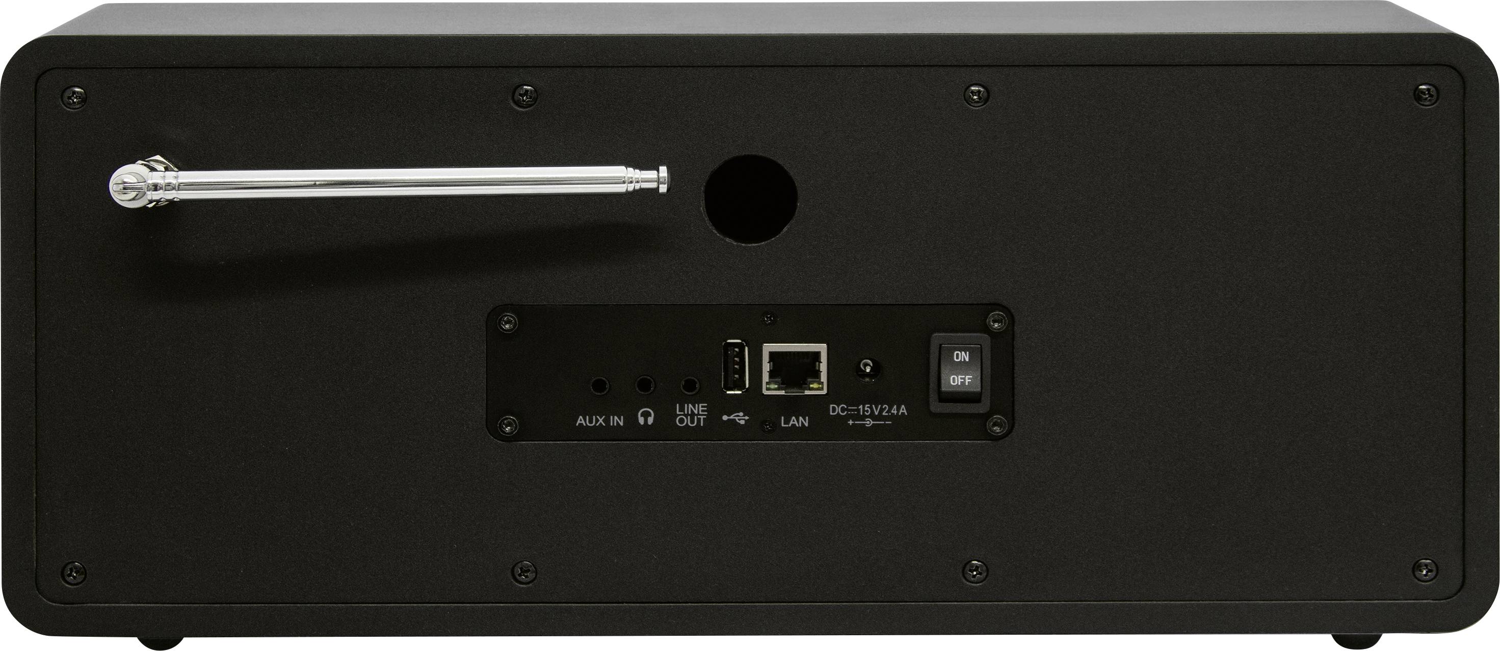 Zadní strana elektronického zařízení s anténou a konektory pro AUX, USB, LAN a napájení. Přítomen vypínač zapnuto/vypnuto.