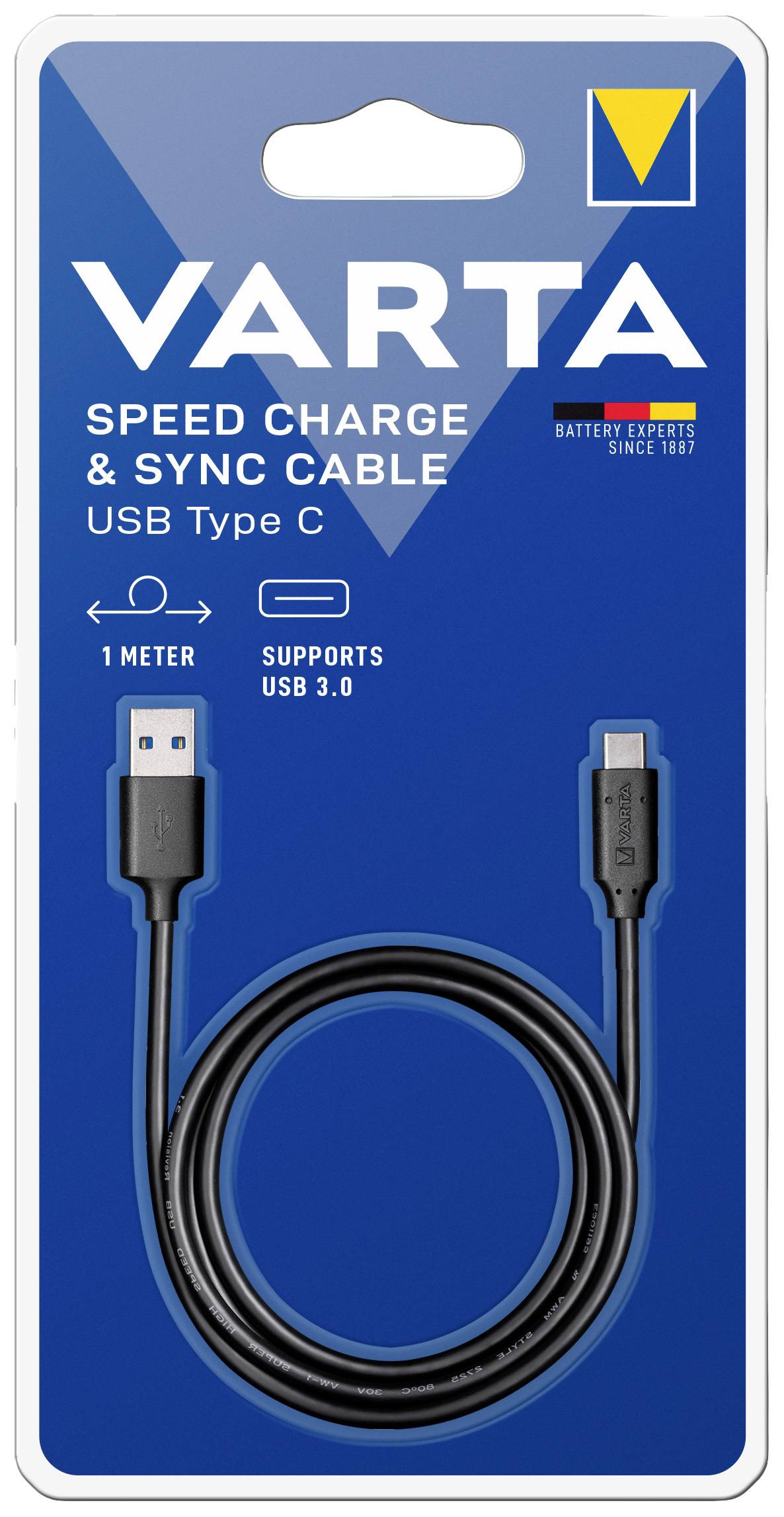 Obal zobrazuje černý USB-C kabel od Varty pro rychlé nabíjení a synchronizaci. Podporuje USB 3.0, délka 1 metr.
