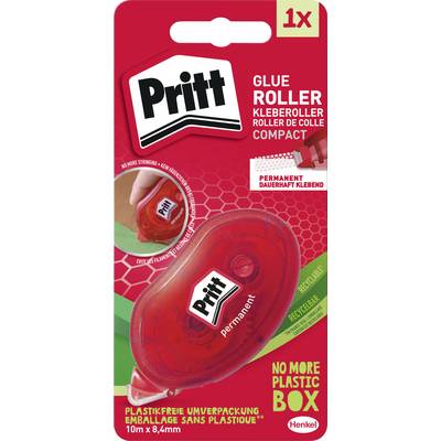 Balení Pritt Glue Roller s červeným kompaktním designem. Text zdůrazňuje 'trvalé lepidlo', 'už žádná plastová krabička', 'obal bez plastů'.
