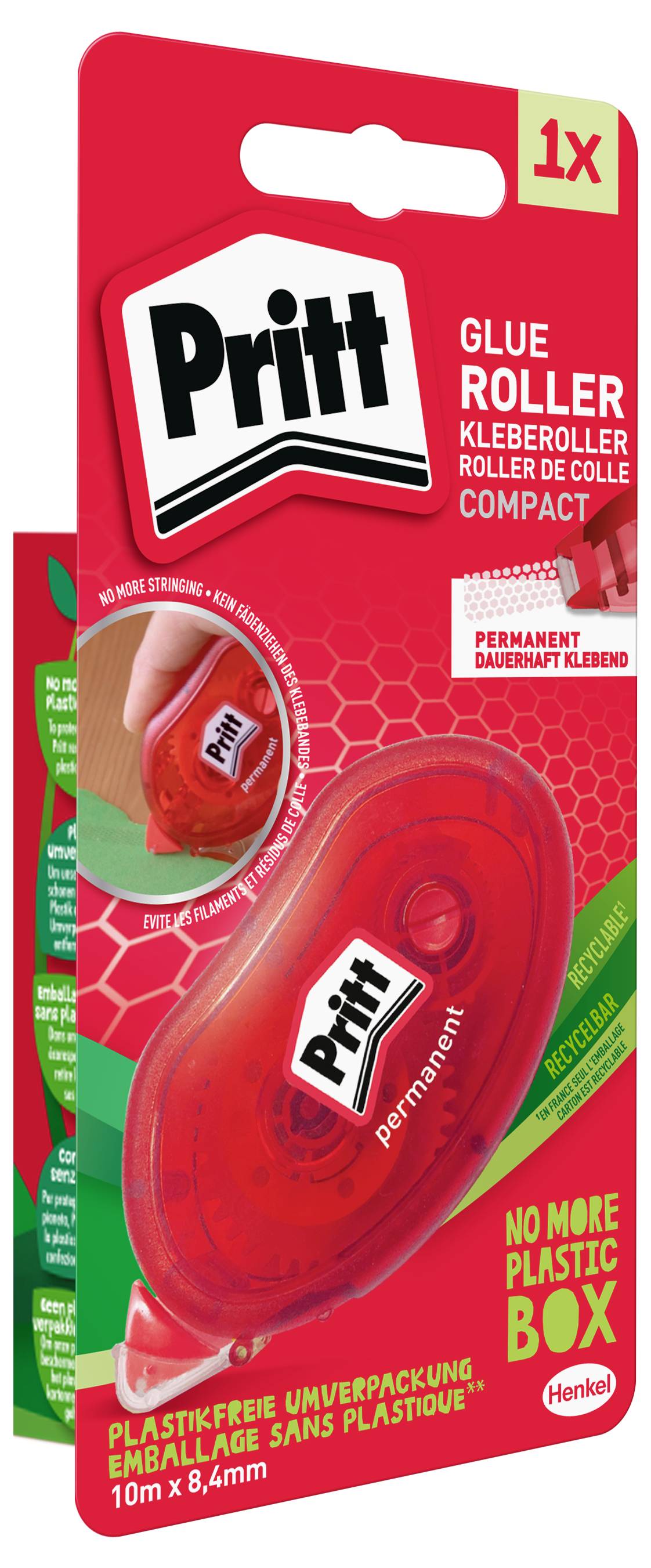 Červený obal lepicího válečku Pritt s nápisem "permanentní" na produktu a "žádná další plastová krabička" na obalu.