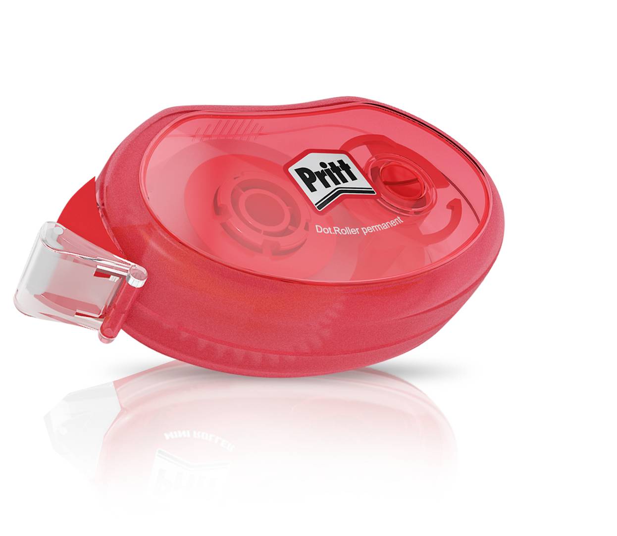 Červený korekční strojek značky 'Pritt', určený pro trvalou aplikaci lepidla, s průhledným postranním krytem.