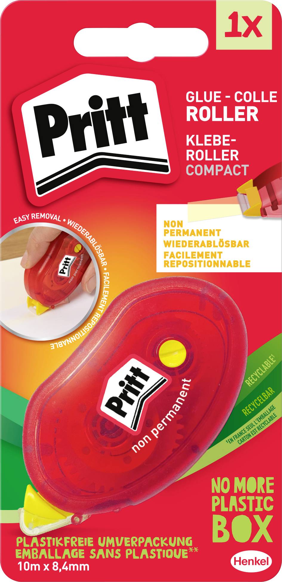 Balení lepicího válečku Pritt s červeným, kompaktním designem. Označené jako 'netrvalé,' '1x,' a 'obal bez plastů.'