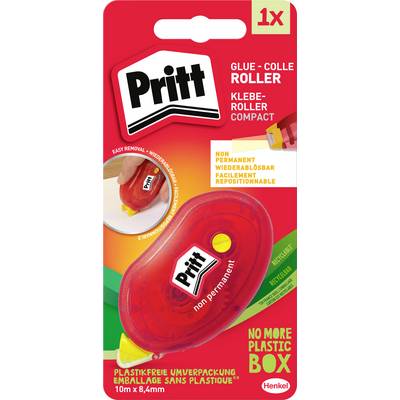 Balení lepicího válečku Pritt s červeným, kompaktním designem. Označené jako 'netrvalé,' '1x,' a 'obal bez plastů.'