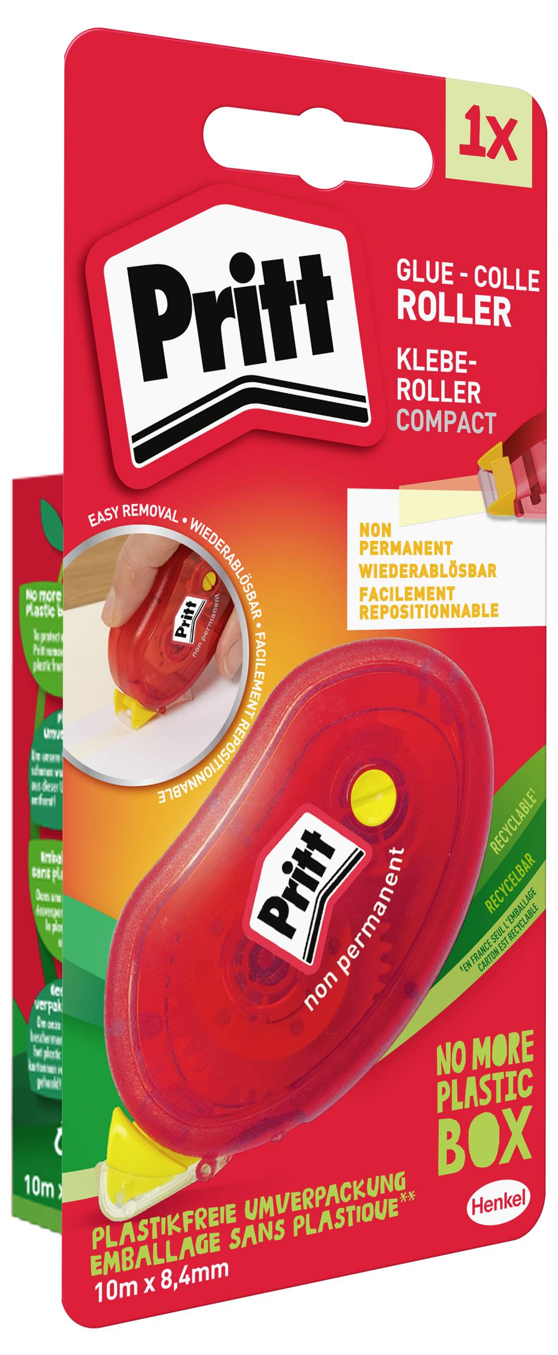 Červený obal lepicího válečku Pritt označený jako 'nestálý' s 'snadným odstraněním'. Uvádí 'už žádný plastový box' a rozměry 10m x 8,4mm.