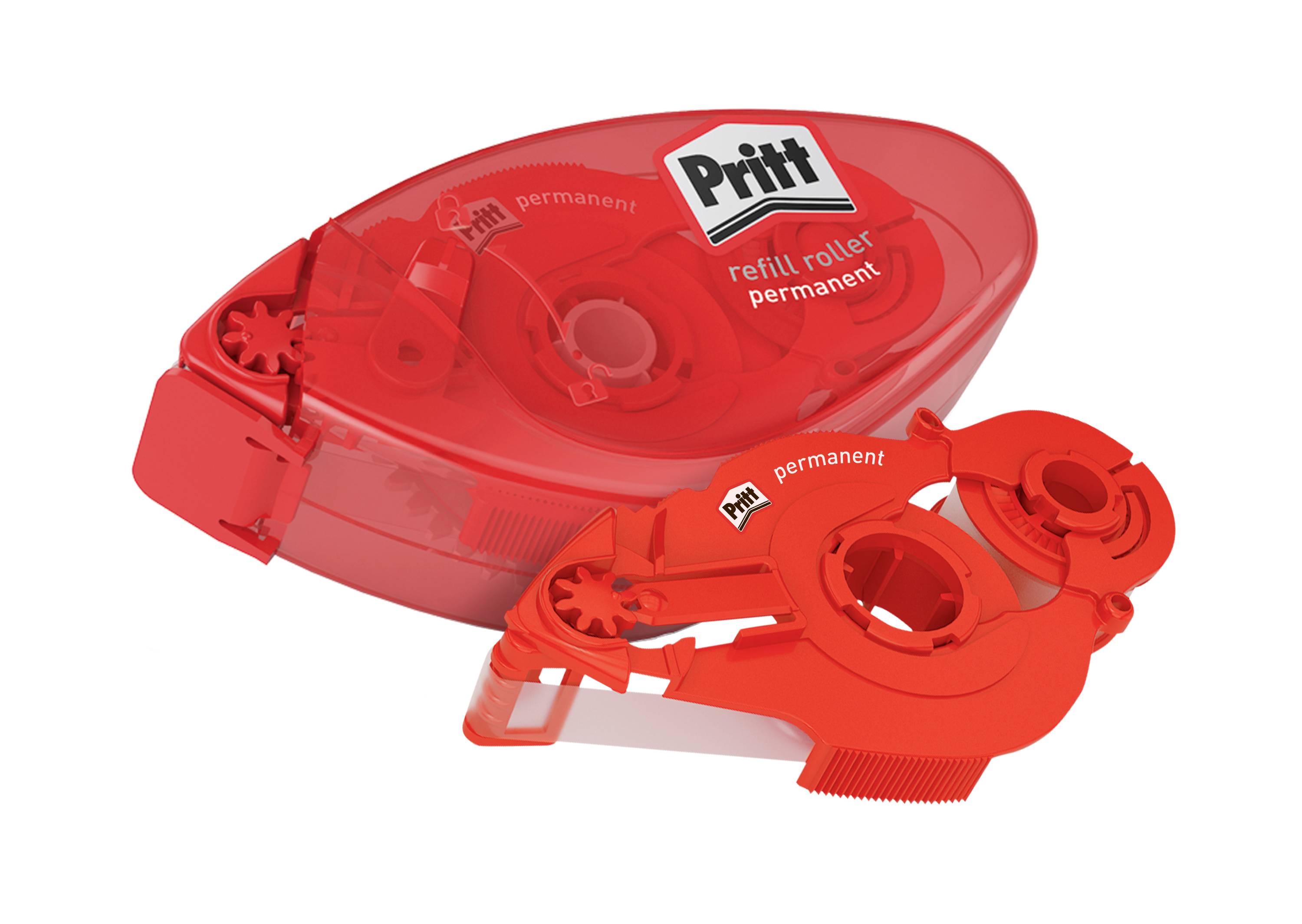 Červený náhradní roller Pritt označený jako "permanentní", s odkrytým mechanismem válečku, určený pro nanášení lepicí pásky.