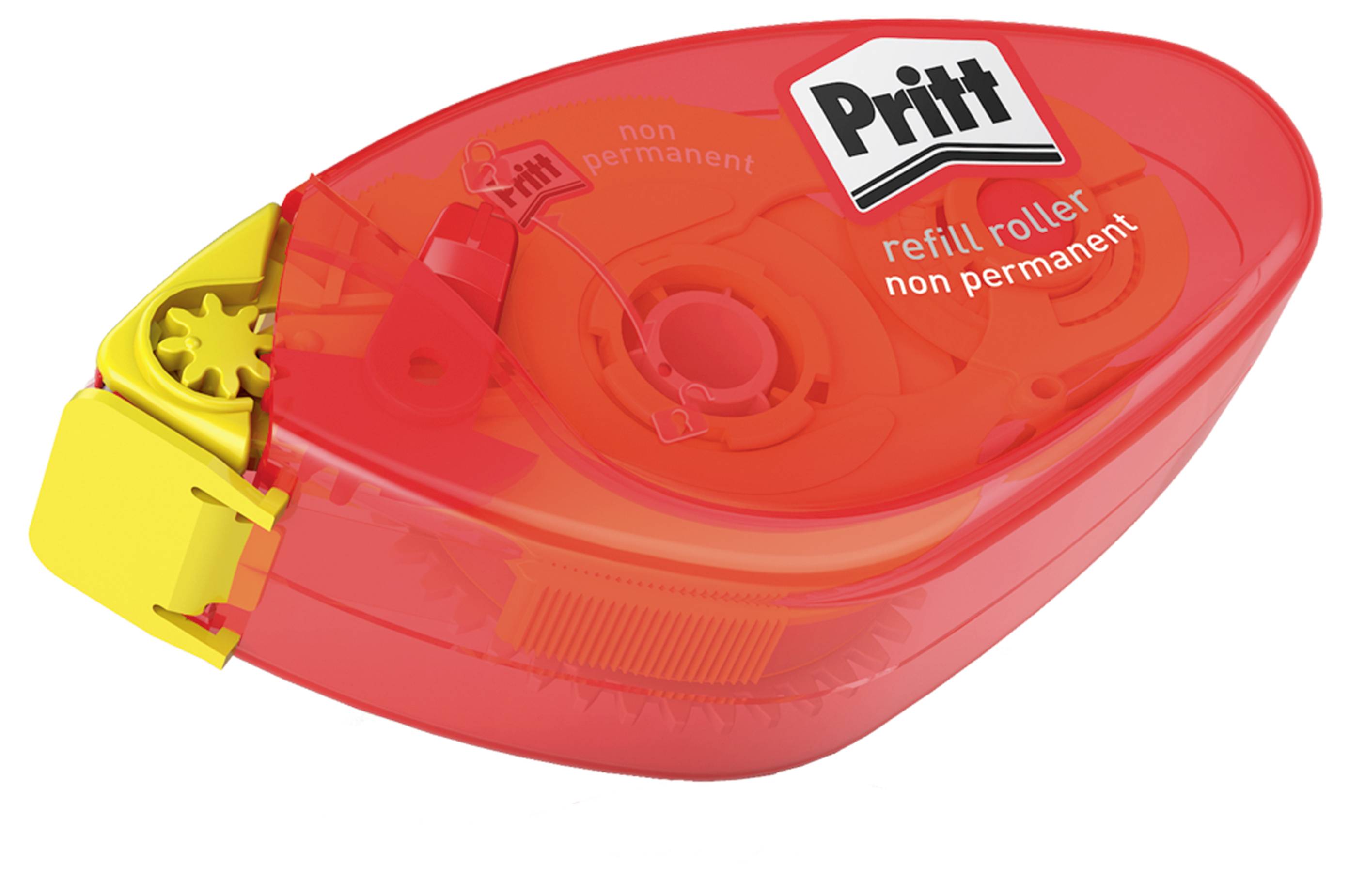Červený náhradní lepicí váleček Pritt označený jako "nepermanentní" se žlutým tlačítkem, určený pro dočasné lepení při kreativních činnostech nebo kancelářských úkolech.