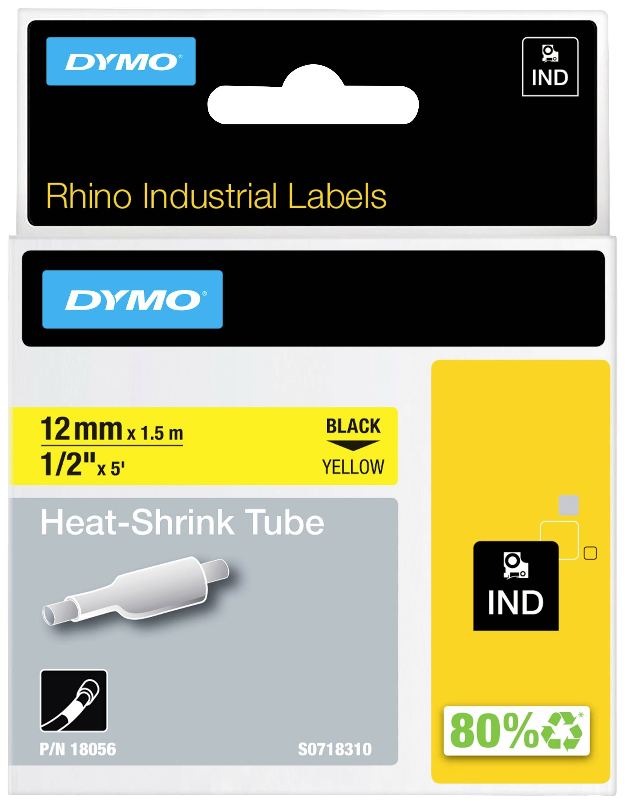 Průmyslové štítky 'Rhino Industrial Labels' s obalem znázorňujícím černý a žlutý smršťovací rukávec. Rozměry: 12 mm x 1,5 m (1/2" x 5').