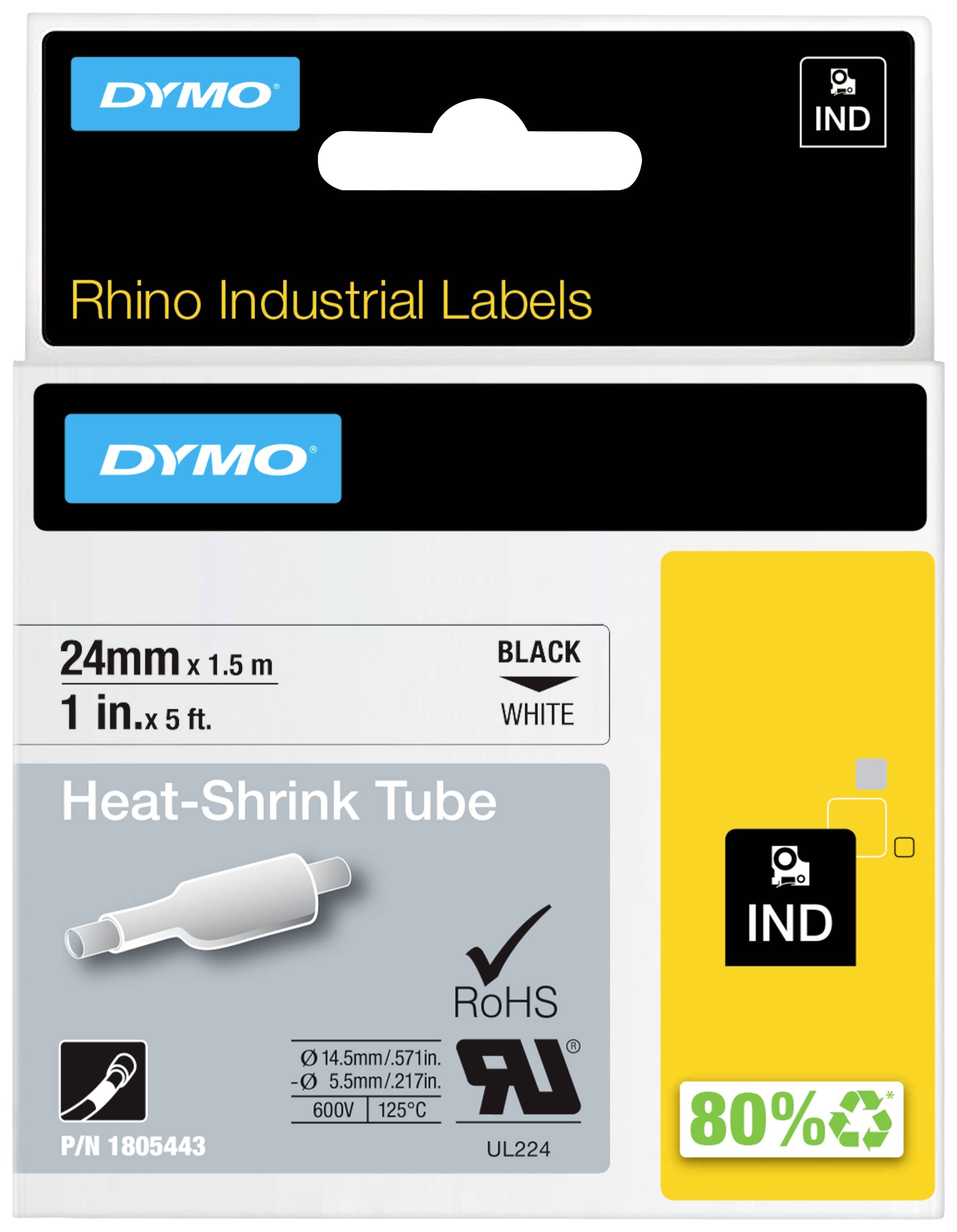Etiketa obalu: Dymo průmyslová smršťovací trubice, 24mm x 1,5m, černá na bílé. Kompatibilní s RoHS, 80% recyklovatelná.