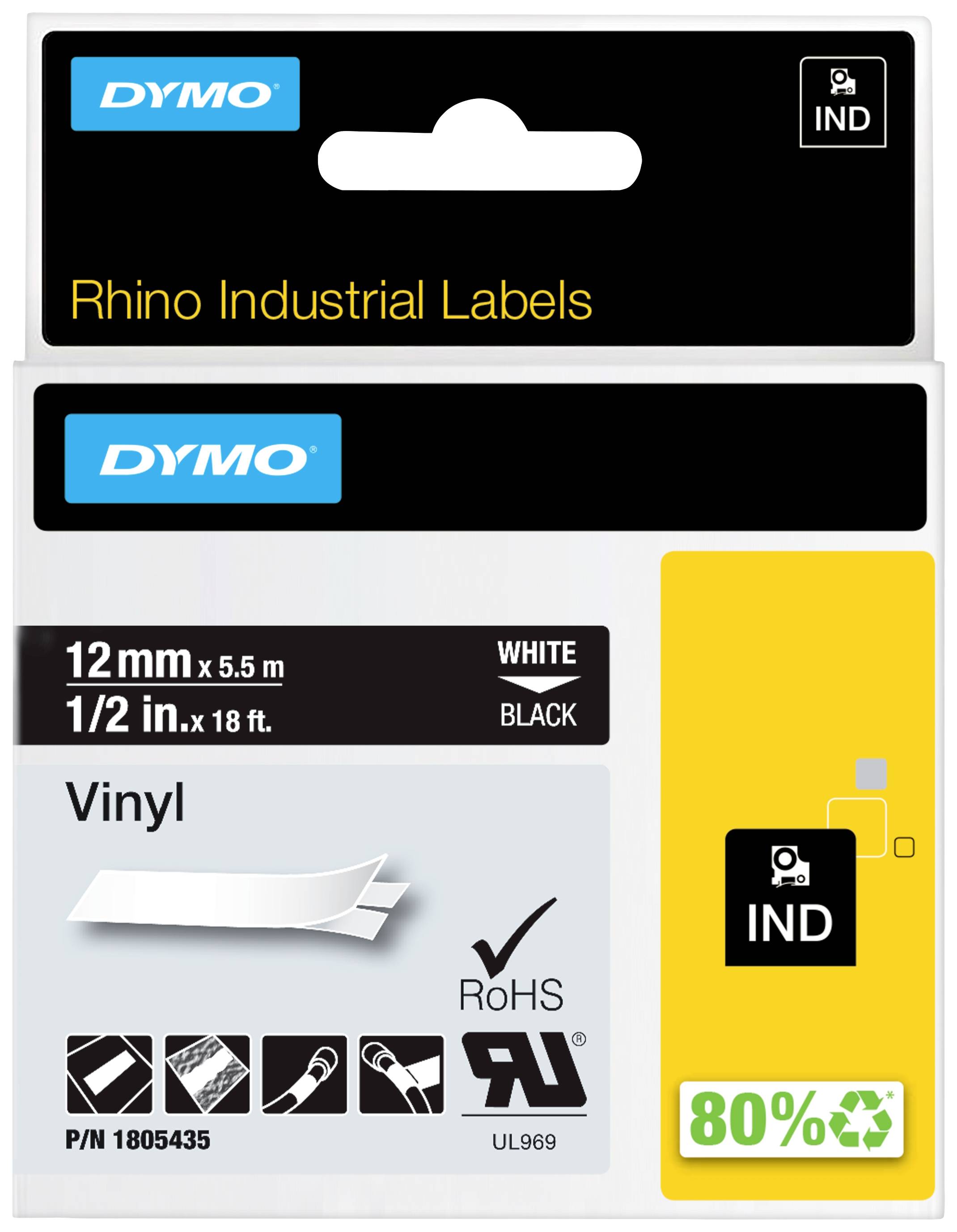 'Dymo vinylová etiketa, 12mm x 5,5m, černá na bílé. Kompatibilní s RoHS. 80% recyklovatelná. Pro průmyslové aplikace.'