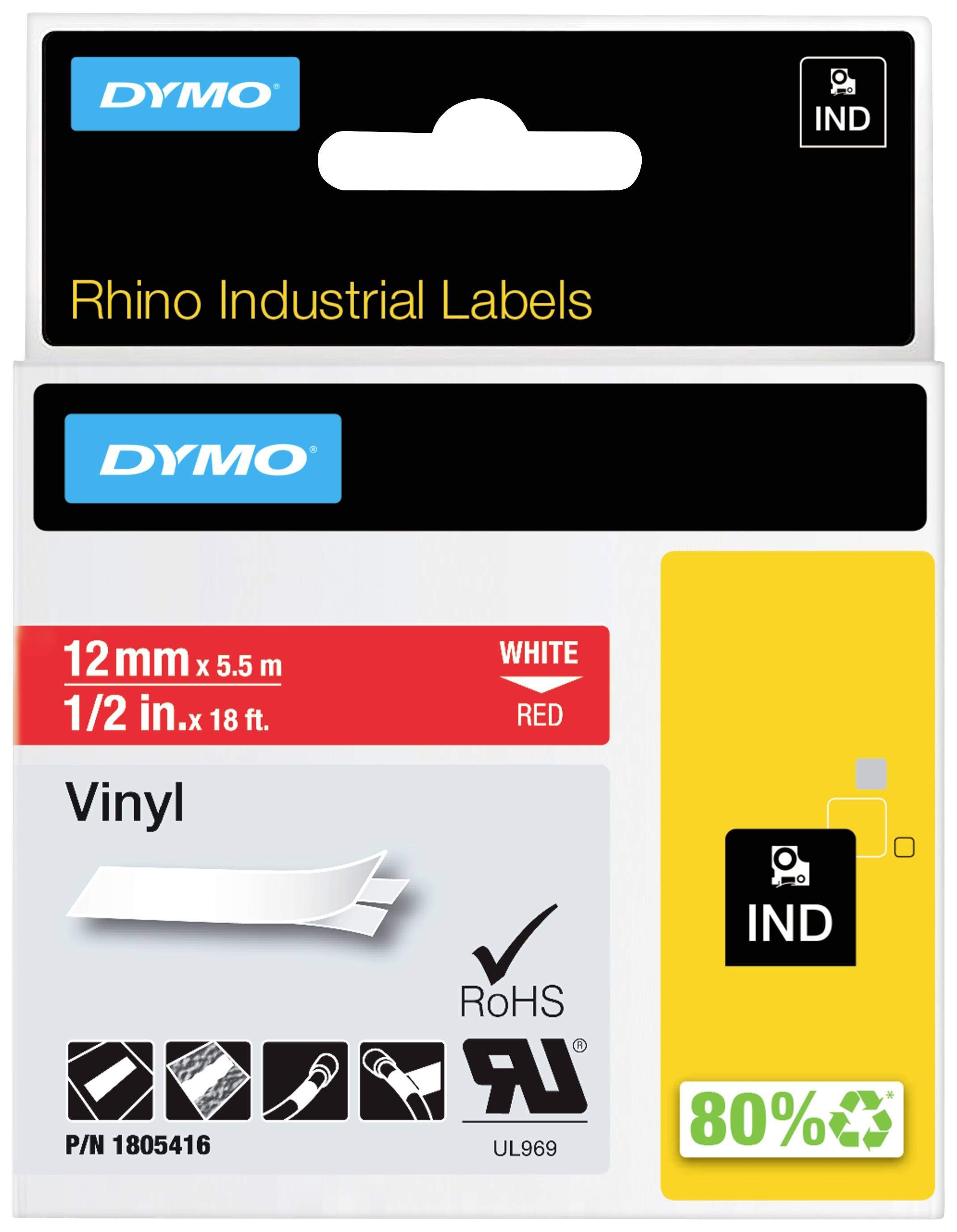 Obal štítků DYMO Rhino Industrial Labels s červenou a bílou vinylovou páskou. Rozměry: 12 mm x 5,5 m. Poznámky k udržitelnosti a certifikacím.