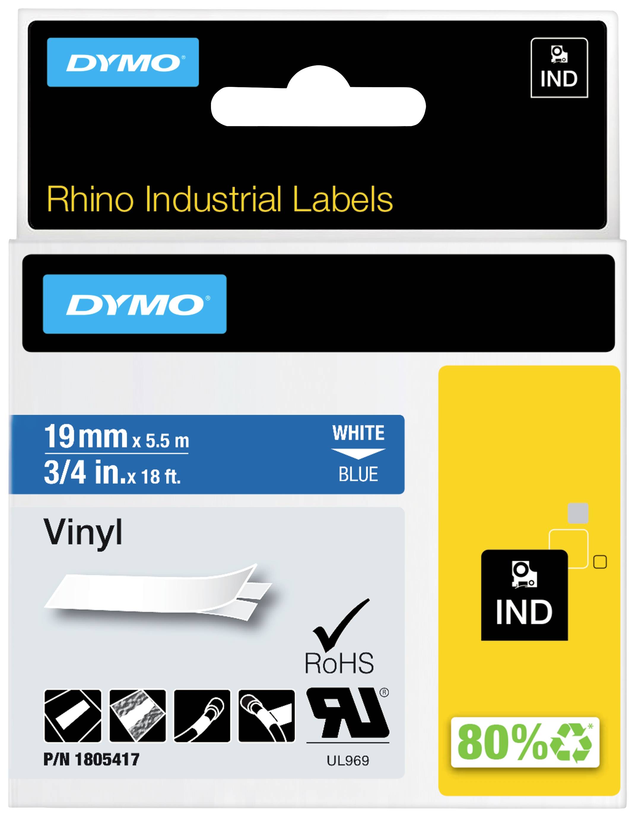 Průmyslový štítek Dymo. Rozměry: 19 mm x 5,5 m; Barva: Bílá na modré. Vinyl, kompatibilní s RoHS.