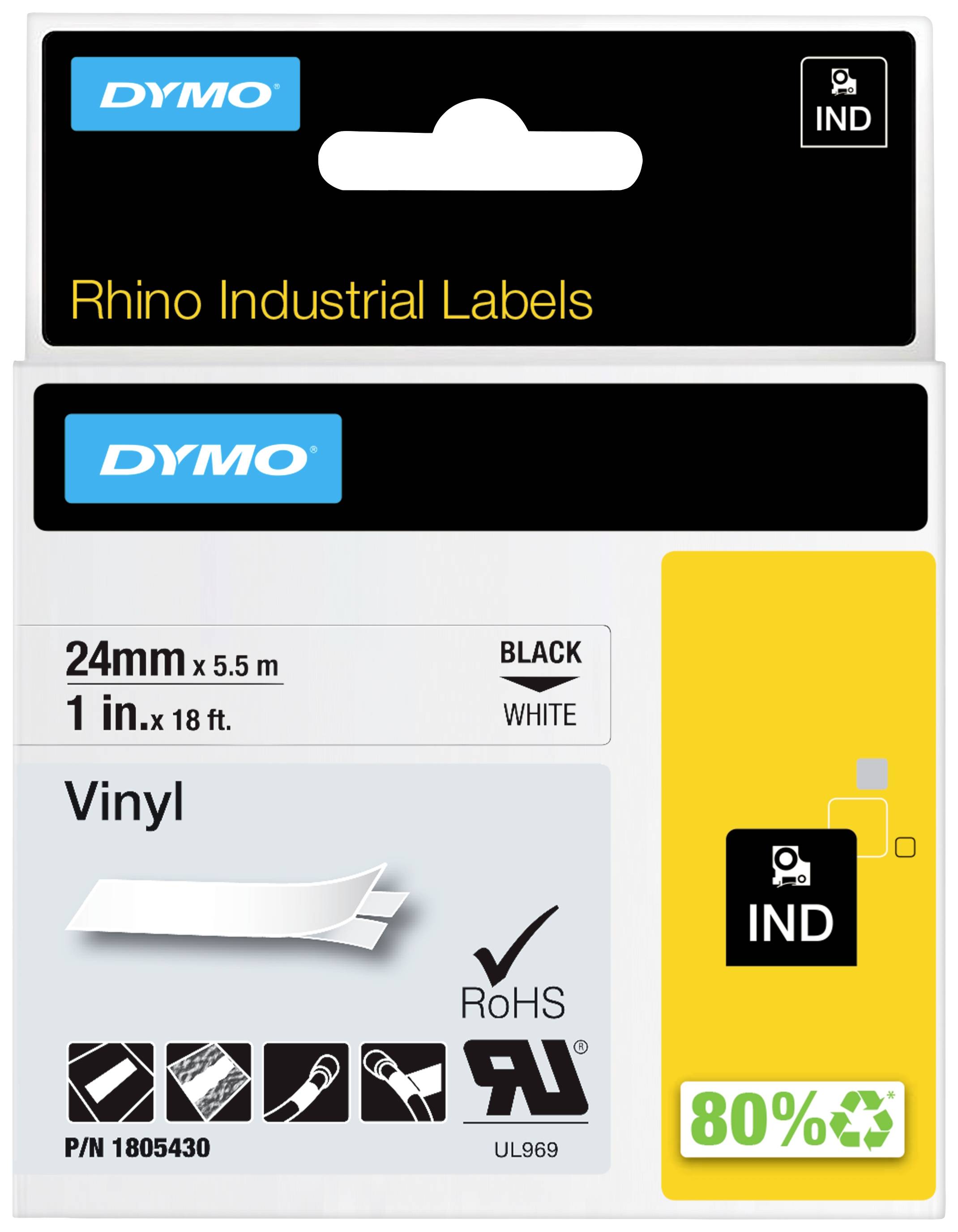 'Balení pro průmyslové štítky DYMO Rhino, vinylové, 24mm x 5,5m, černé na bílé. Obsahuje informace o recyklaci a bezpečnosti.'