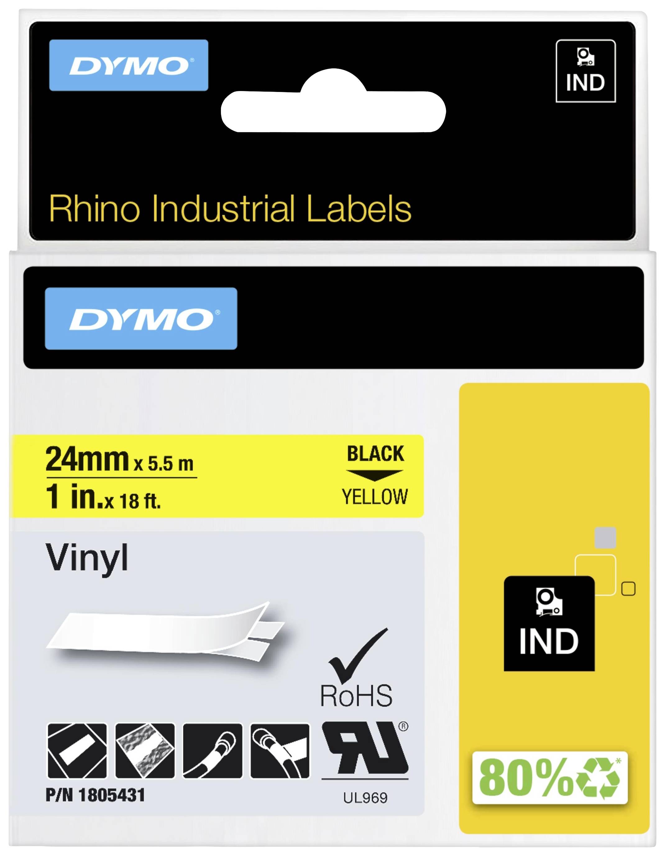 Balení pro DYMO Rhinoštítky: Vinylové etikety, 24 mm x 5,5 m, černá na žluté. Obsahuje symboly RoHS a UL certifikace.