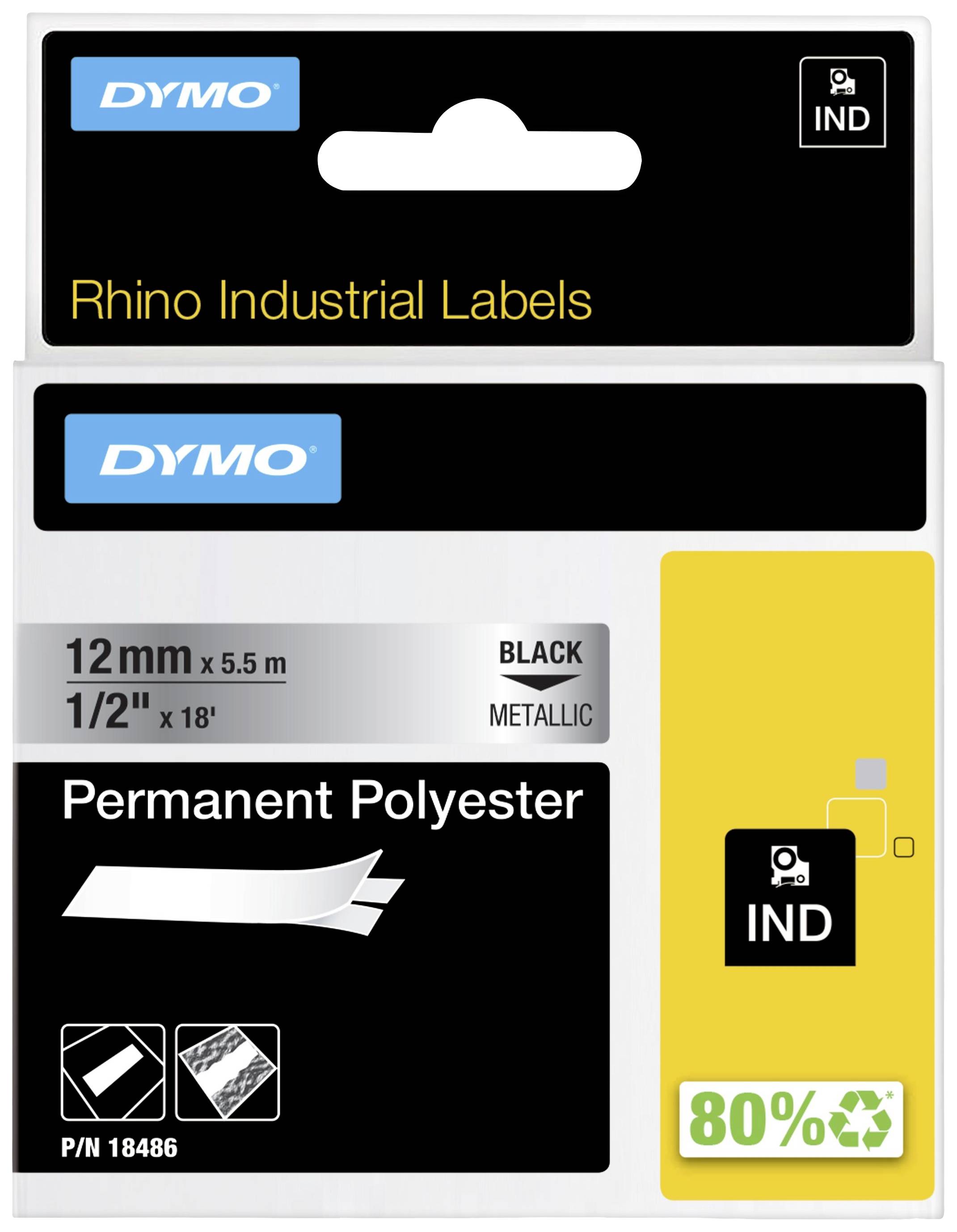DYMO Rhino Průmyslové štítky; trvalý polyester, 12mm x 5,5m, černá-metalická; obsahuje 80% recyklovaných materiálů.