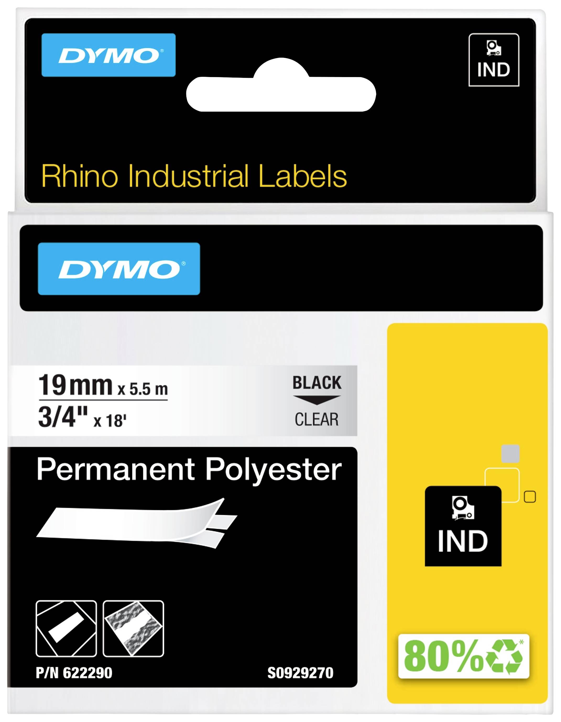 Štítek pro 'Rhino Industrial Labels' od Dymo, 19 mm x 5,5 m, polyester, permanentní, černá/průhledná. Obsahuje recyklační symbol s '80%'.