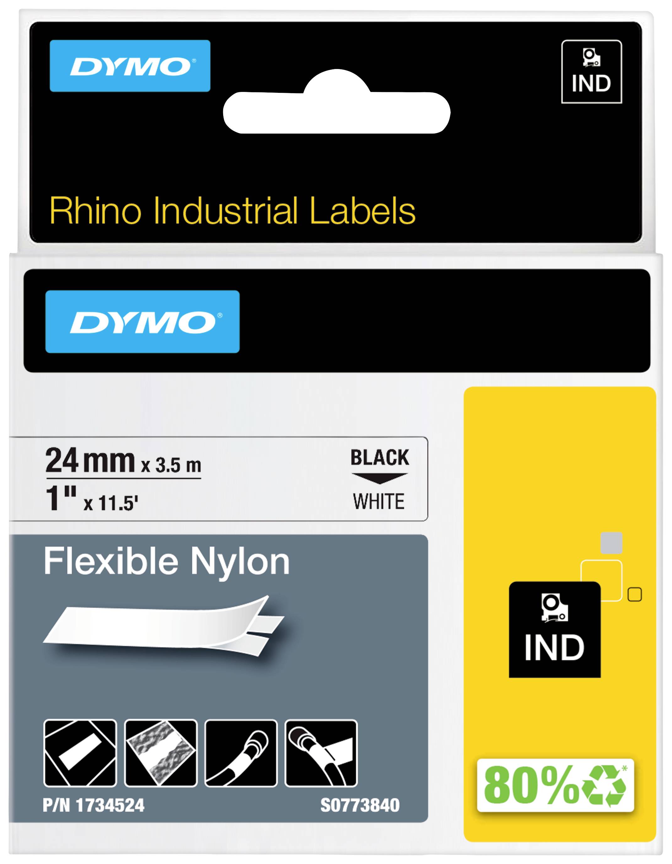 Průmyslové štítky Dymo Rhino, flexibilní nylon, černá na bílé, 24 mm x 3,5 m. Štítky jsou vhodné pro kabely a hladké povrchy.