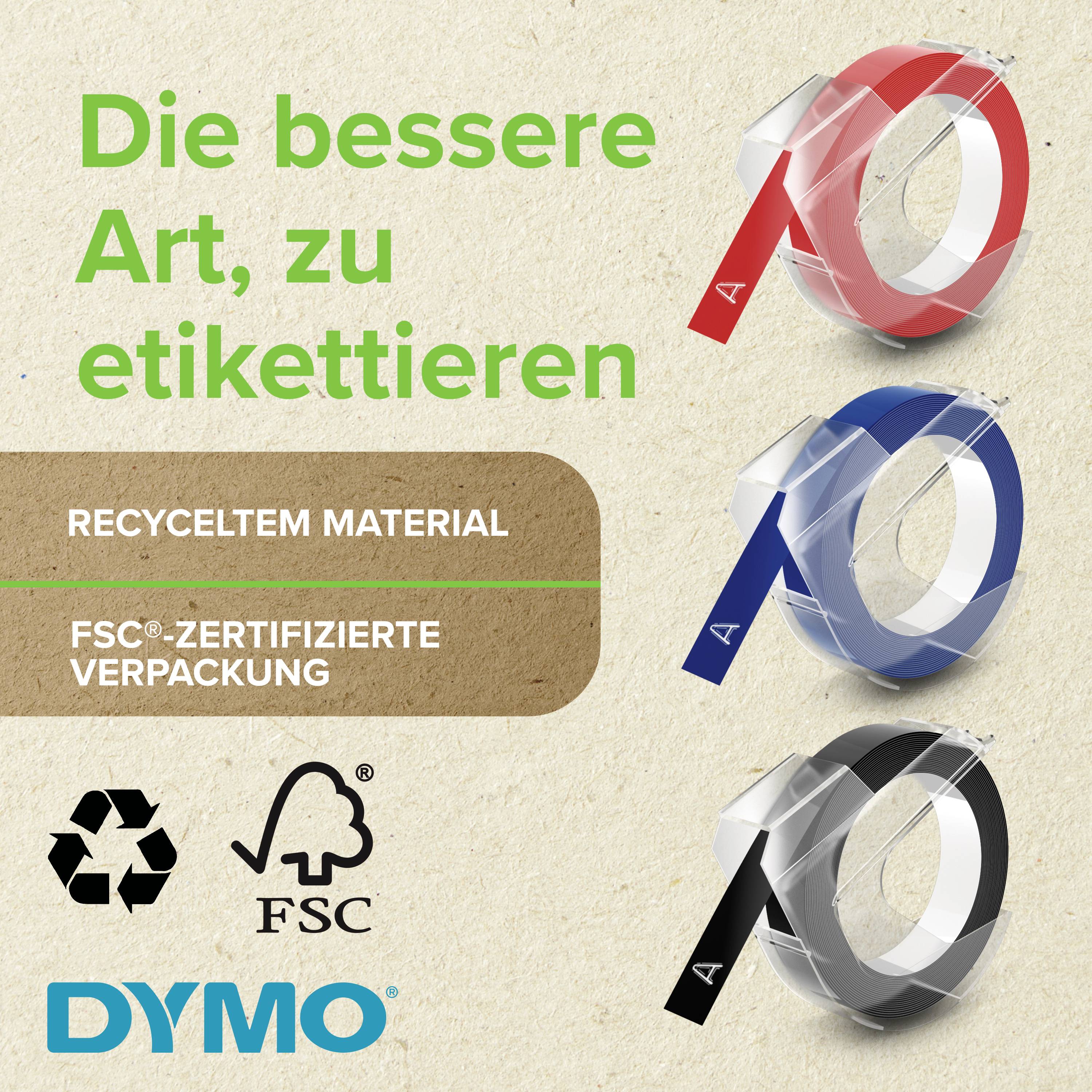'Tři role s etiketovací páskou v červené, modré a černé barvě, vedle textu: Lepší způsob označování. Z recyklovaného materiálu, obal certifikovaný FSC.'
