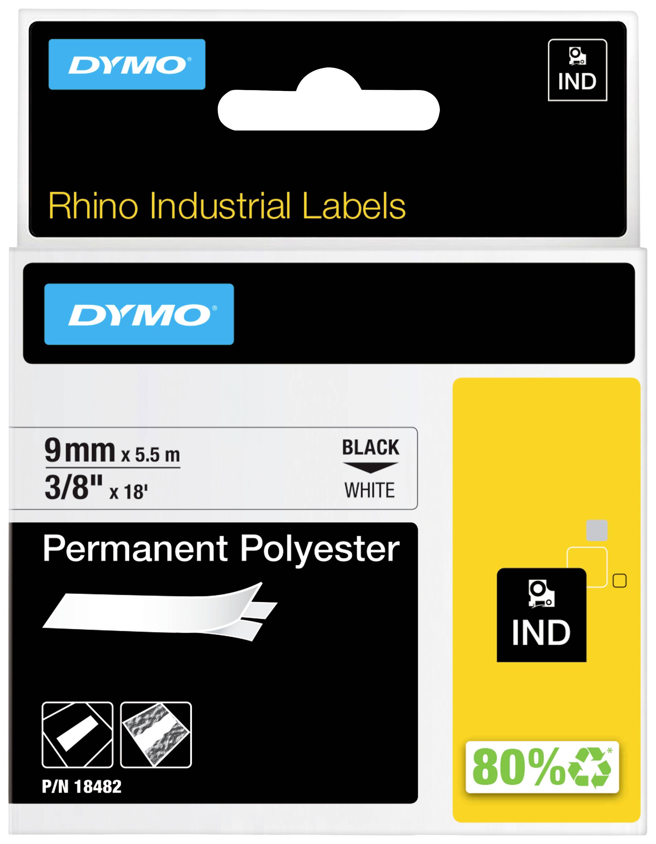 Balení štítků Dymo Rhino průmyslové lepicí pásky, 9 mm x 5,5 m, černá na bílé, trvalý polyester, 80% recyklovaný.