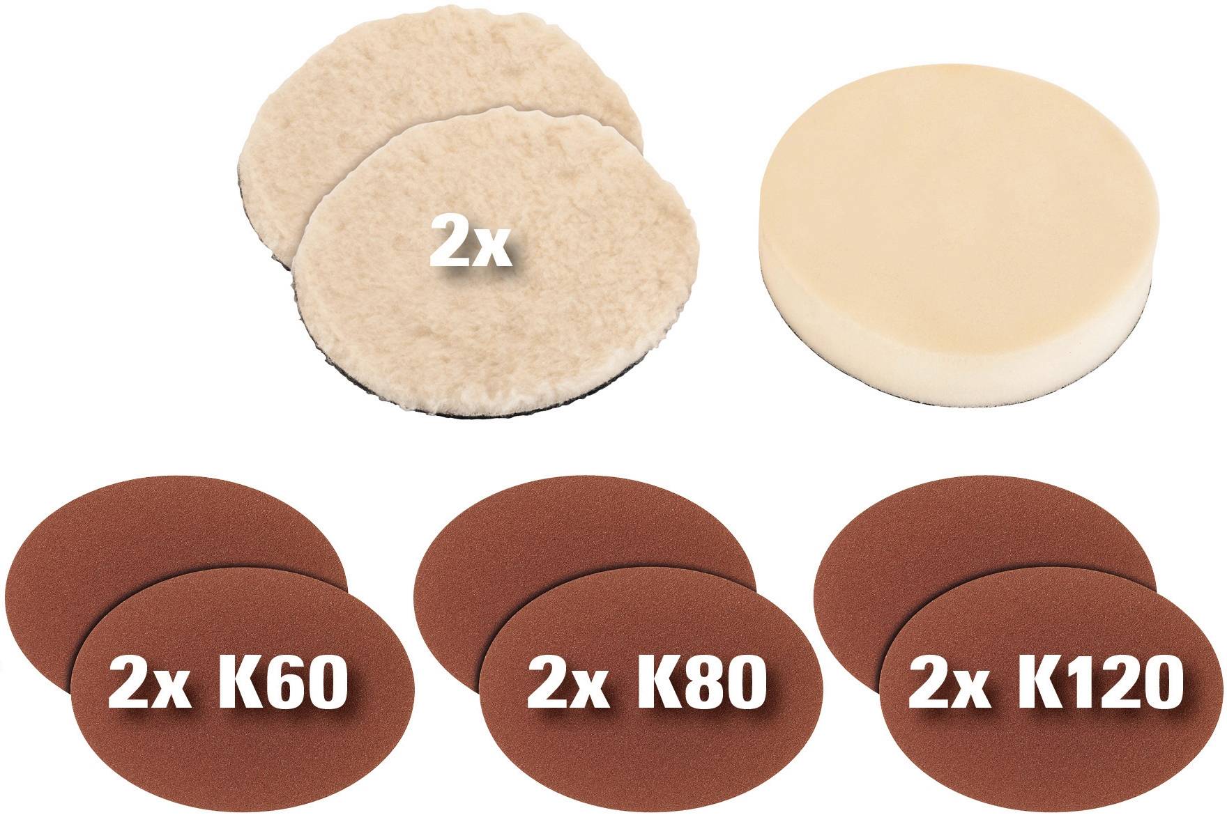 Sada deseti brusných kotoučů: 2x K60, 2x K80, 2x K120 pro broušení, plus dva lešticí pady a houba pro leštění.