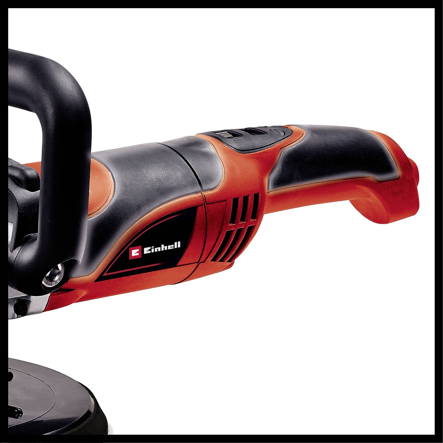 Červený úhlový brusku Einhell s rukojetí, detail. Zařízení je určeno pro brousicí a řezací práce.
