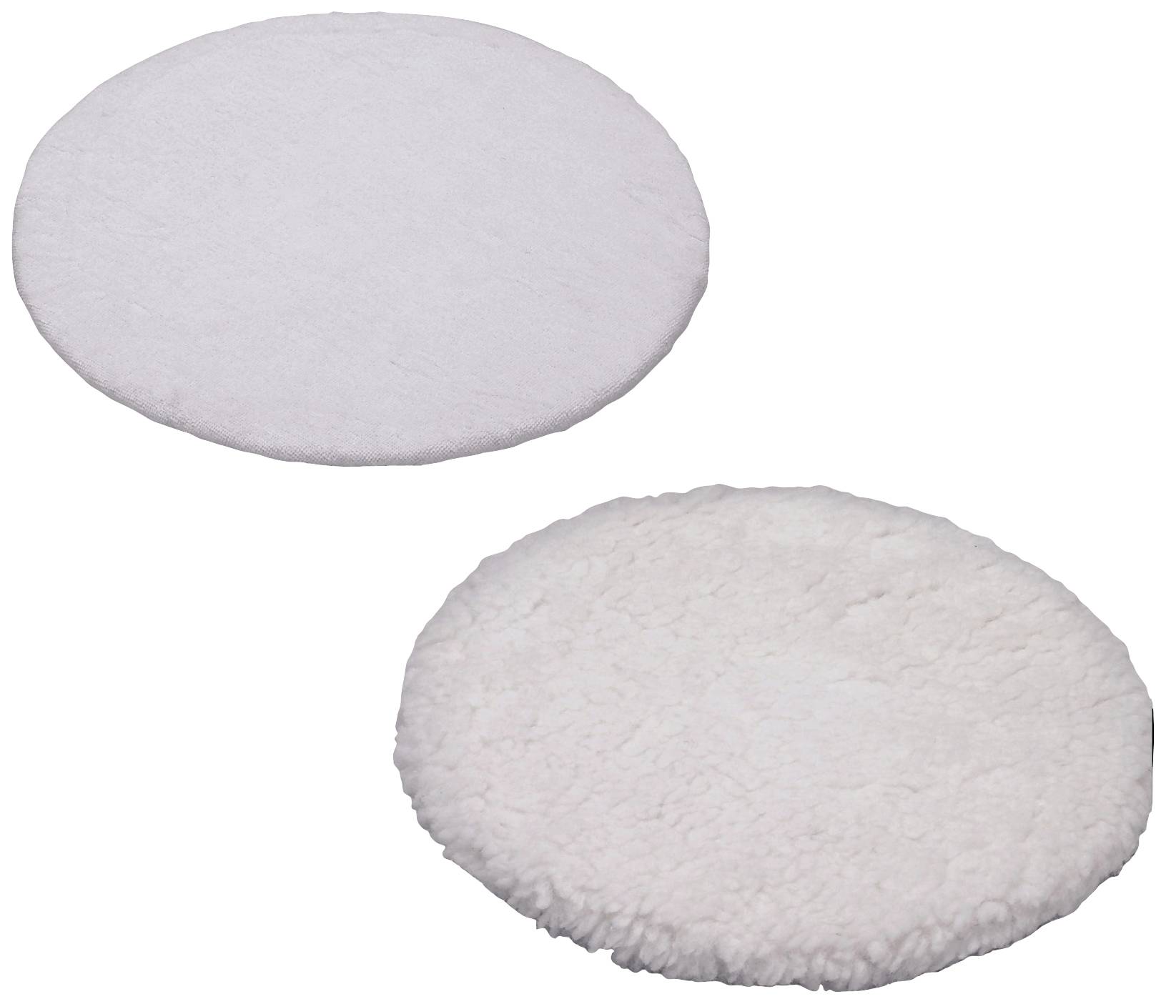 Dva kulaté bílé lešticí pady, jeden hladký, druhý chlupatý, na bílém pozadí.