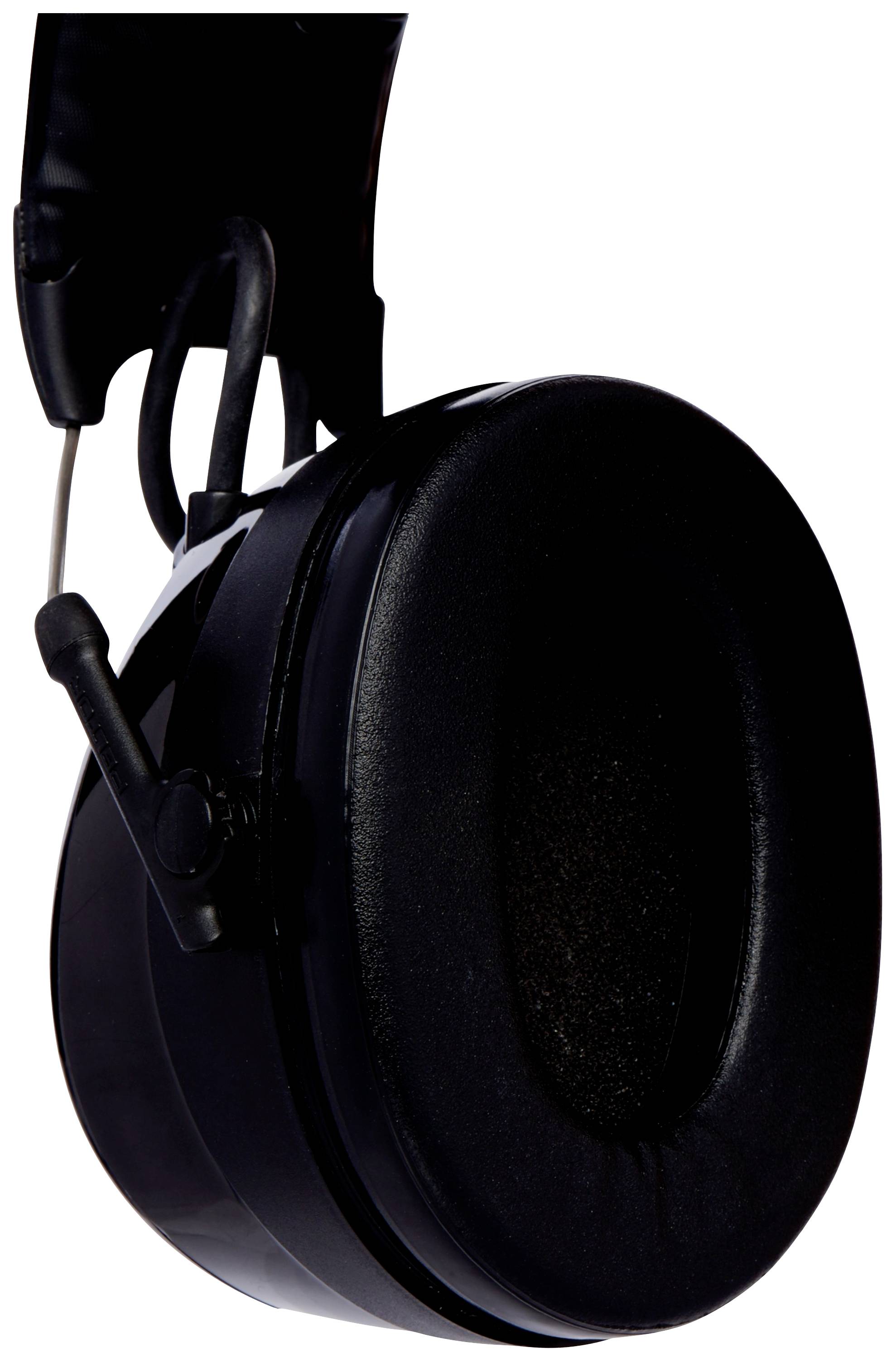 Černá over-ear sluchátka, záběr z boku. Zaostřeno na polštářek sluchátka. Žádná viditelná loga nebo označení.