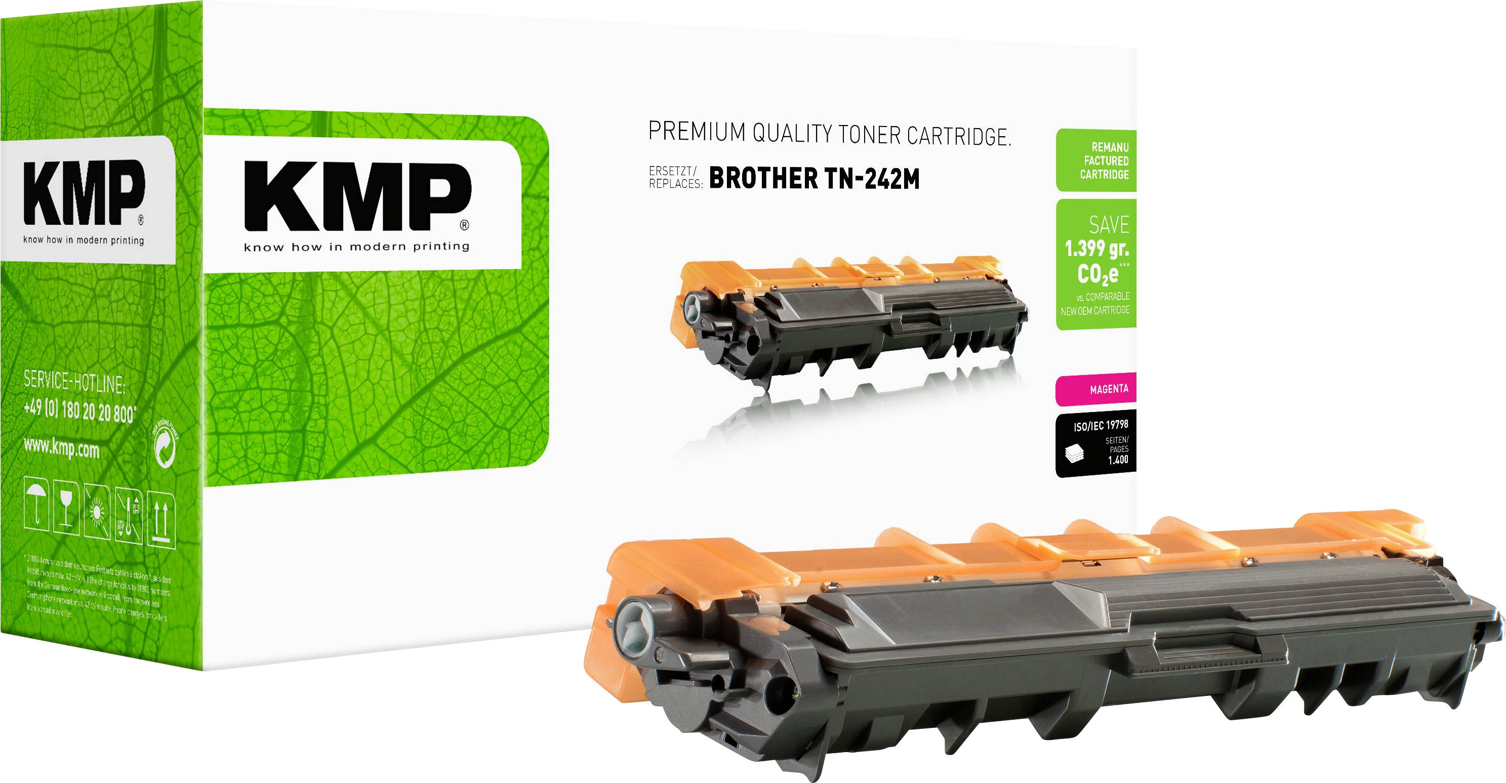 Produktový obrázek prémiové tonerové kazety KMP pro Brother TN-242M, zobrazený se zelenou krabicí a kazetou na bílém pozadí.