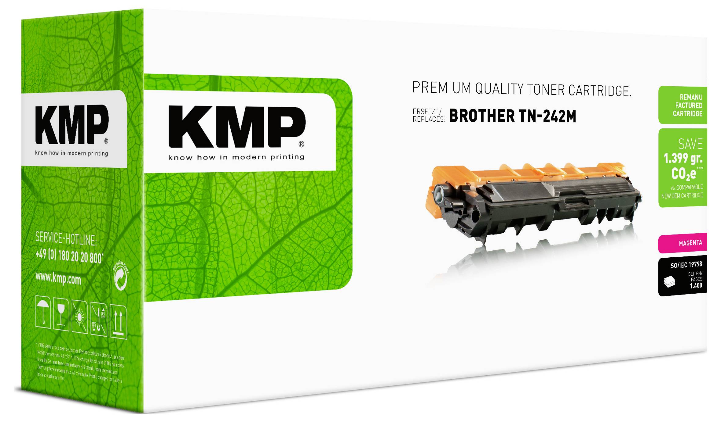 Balení toner kazety KMP prémiové kvality pro Brother TN-242M, zobrazeno se zeleným boxem a obrázkem kazety.