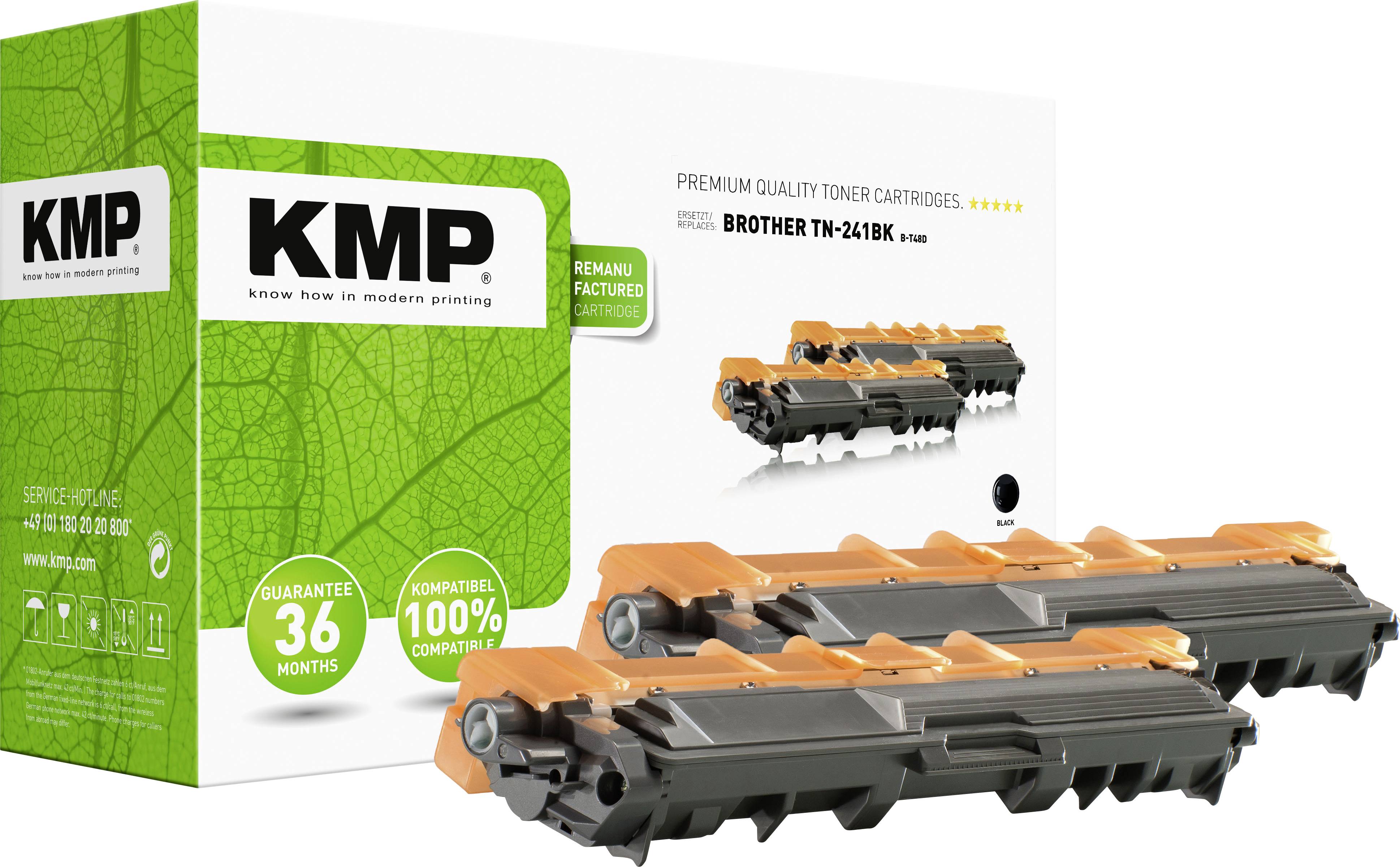 Dvě černé tonerové kazety před zeleným obalem s nápisem 'KMP', 'Premium Quality Toner Cartridges'.