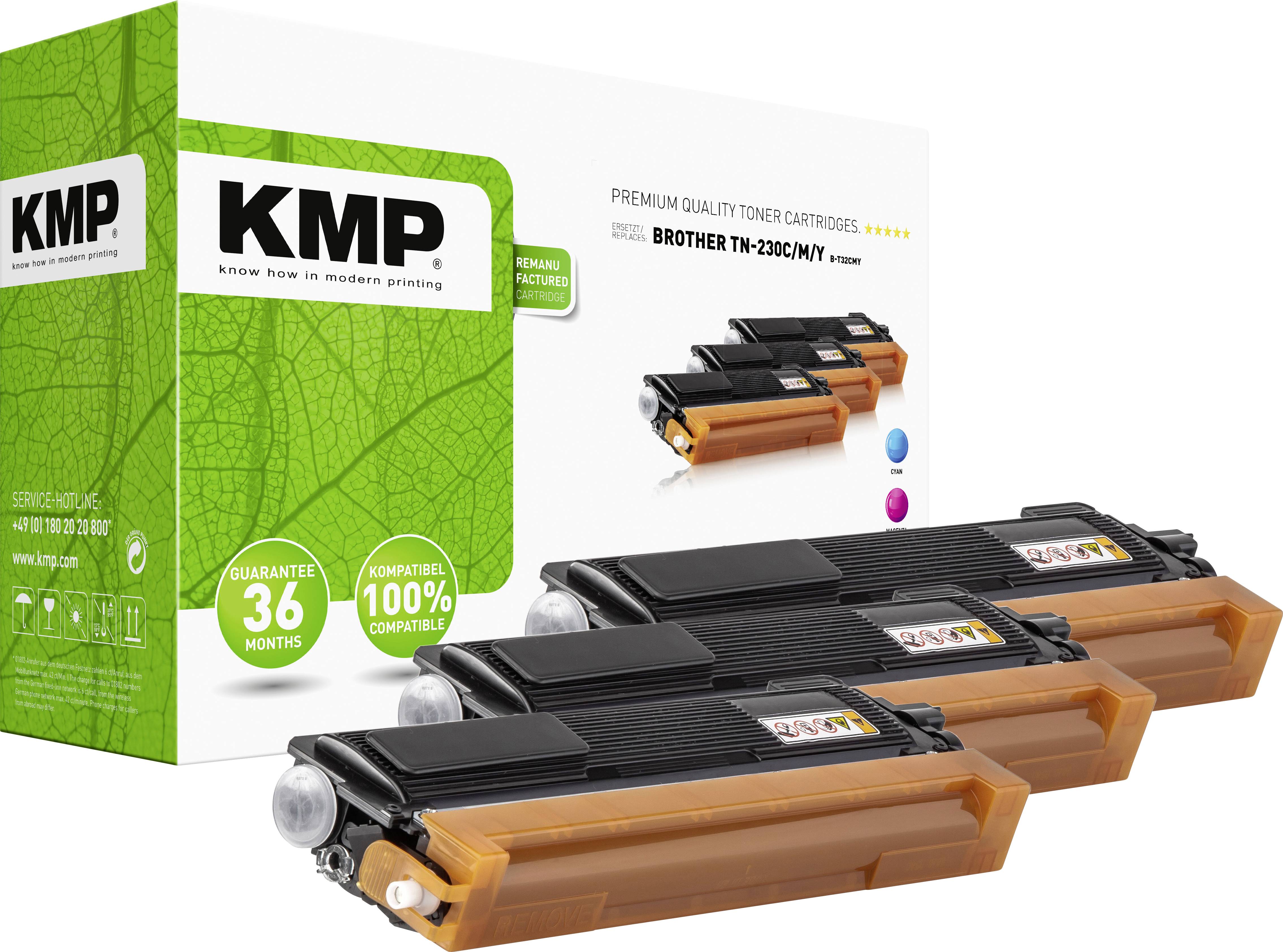 Tři černé tonerové kazety před obalem KMP s nápisem „Know how v moderním tisku".