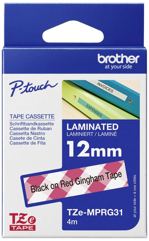 etikety  Brother TZe, TZ TZe-MPRG31  Barva pásky: bílá (s červeným kostičkovým vzorem) Barva písma:černá 12 mm 4 m