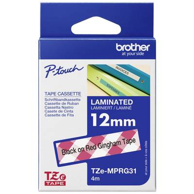 Obal kazety Brother P-touch, 12mm šíře, laminovaný, černý vzor na červeně kostičkovaném gingham designu.