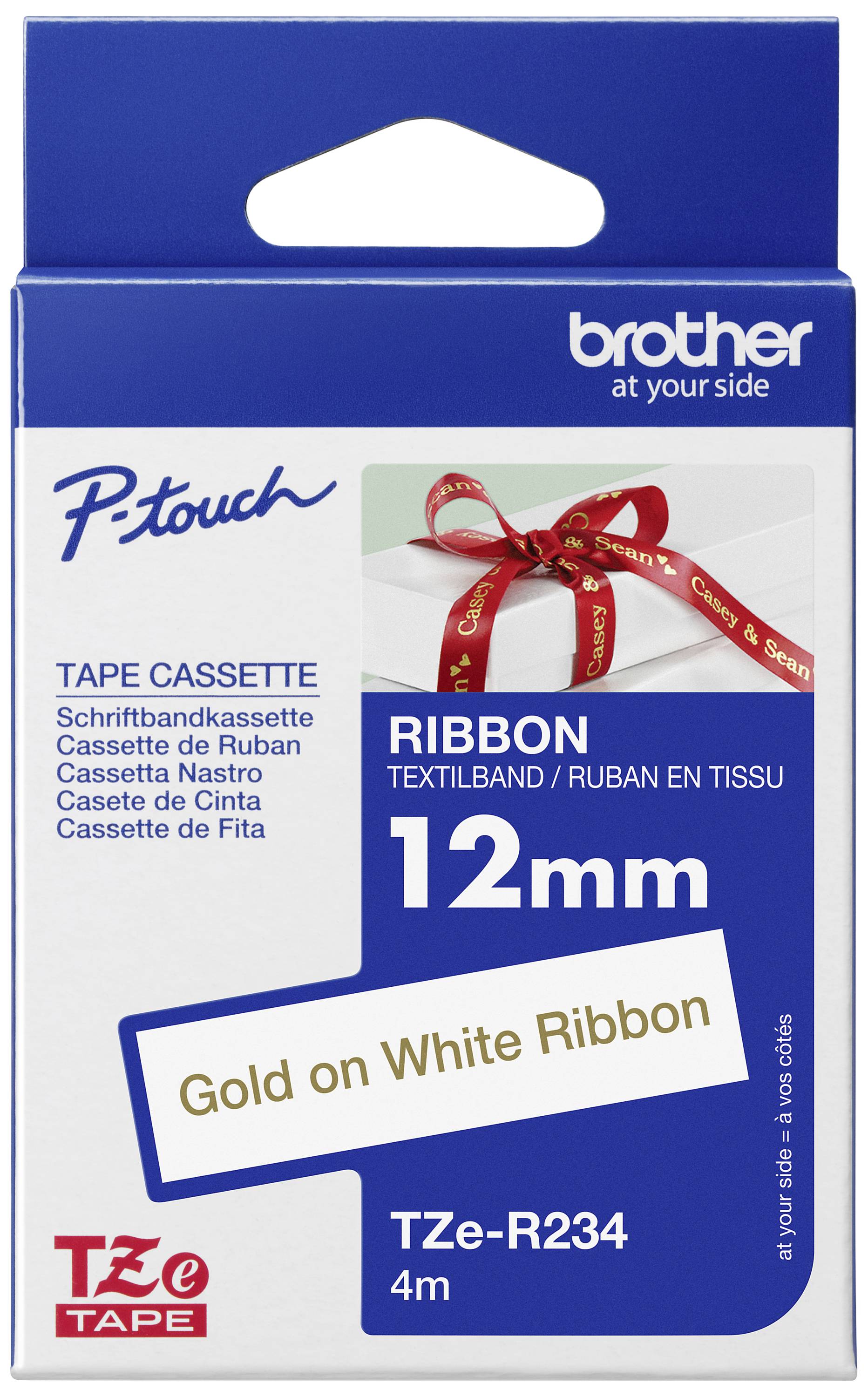 Balení kazety Brother P-touch s textilní páskou o šířce 12 mm, provedení 'Zlatý tisk na bílé pásce', délka 4 metry.