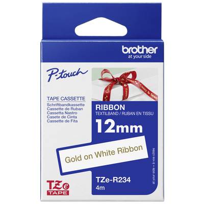 Balení kazety Brother P-touch s textilní páskou o šířce 12 mm, provedení 'Zlatý tisk na bílé pásce', délka 4 metry.