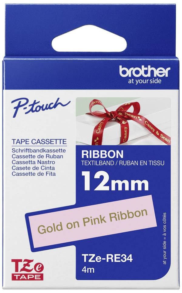 etikety  Brother TZe, TZ TZe-RE34  Barva pásky: růžová Barva písma:zlatá 12 mm 4 m